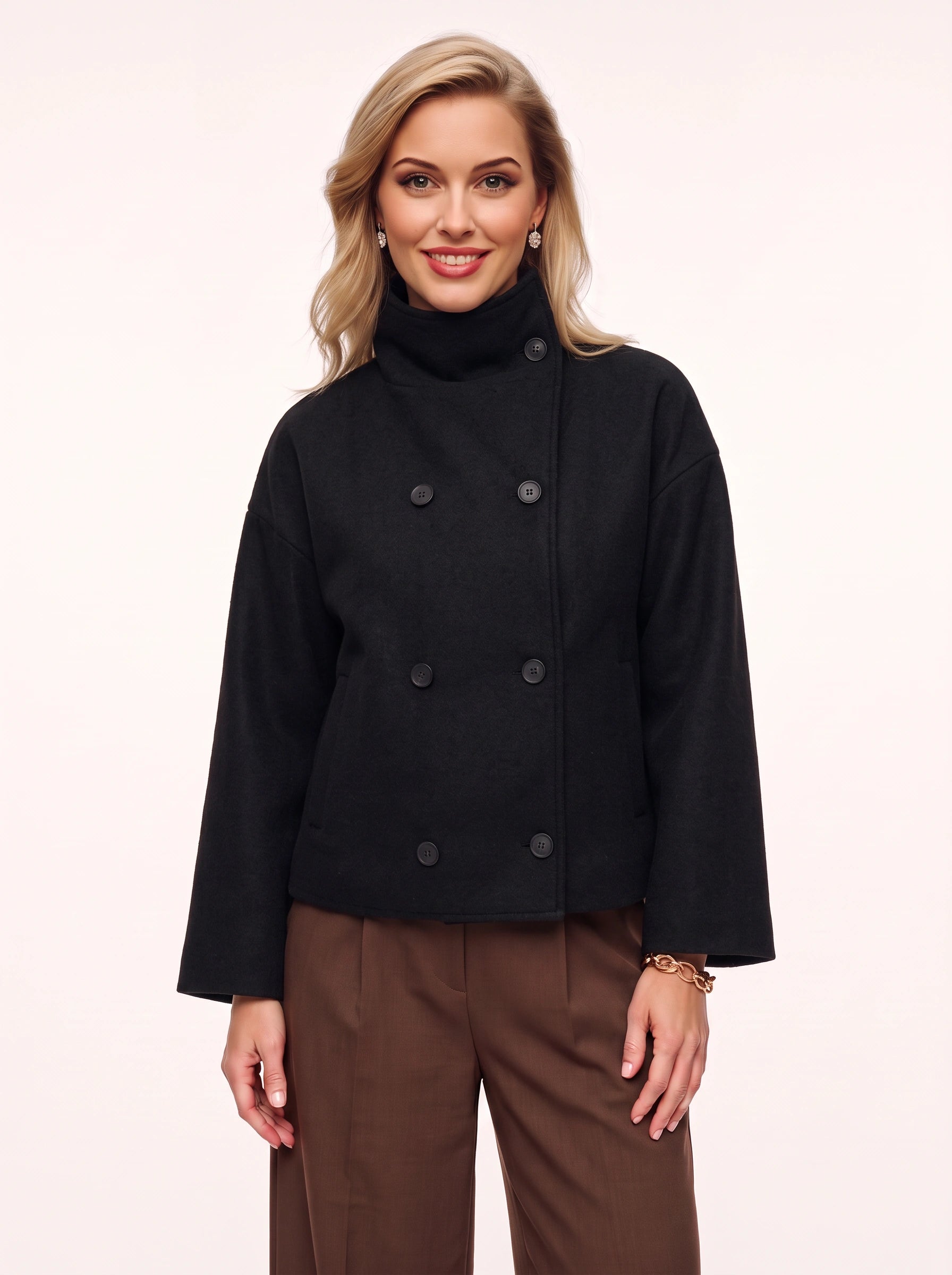 Colatex Double-Breasted Funnel Neck Jacket – Women Winter Coat Casual Outerwear Wool-Blend Tailored Jacket