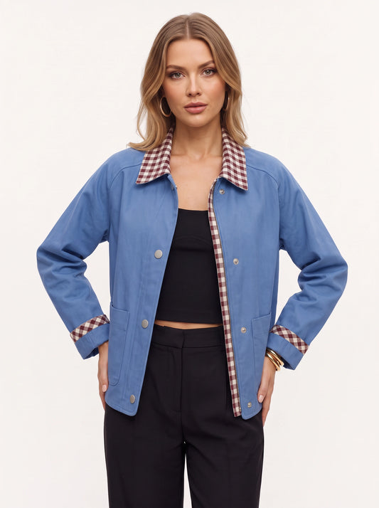 Brigwell Contrast Collar Button-Up Jacket – Women Barn Jacket Casual Outerwear Detachable Collar Style Workwear Coat