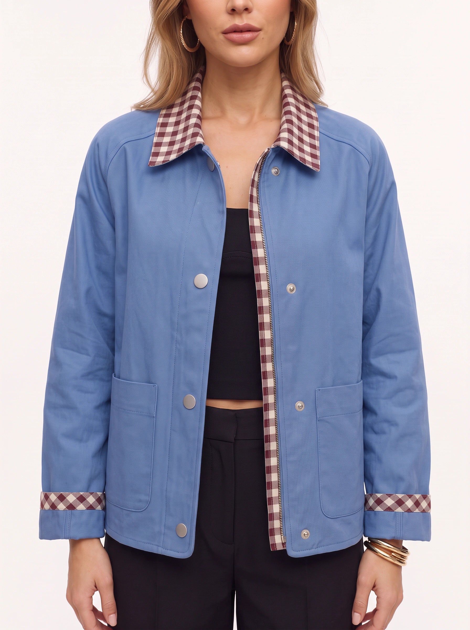 Brigwell Contrast Collar Button-Up Jacket – Women Barn Jacket Casual Outerwear Detachable Collar Style Workwear Coat