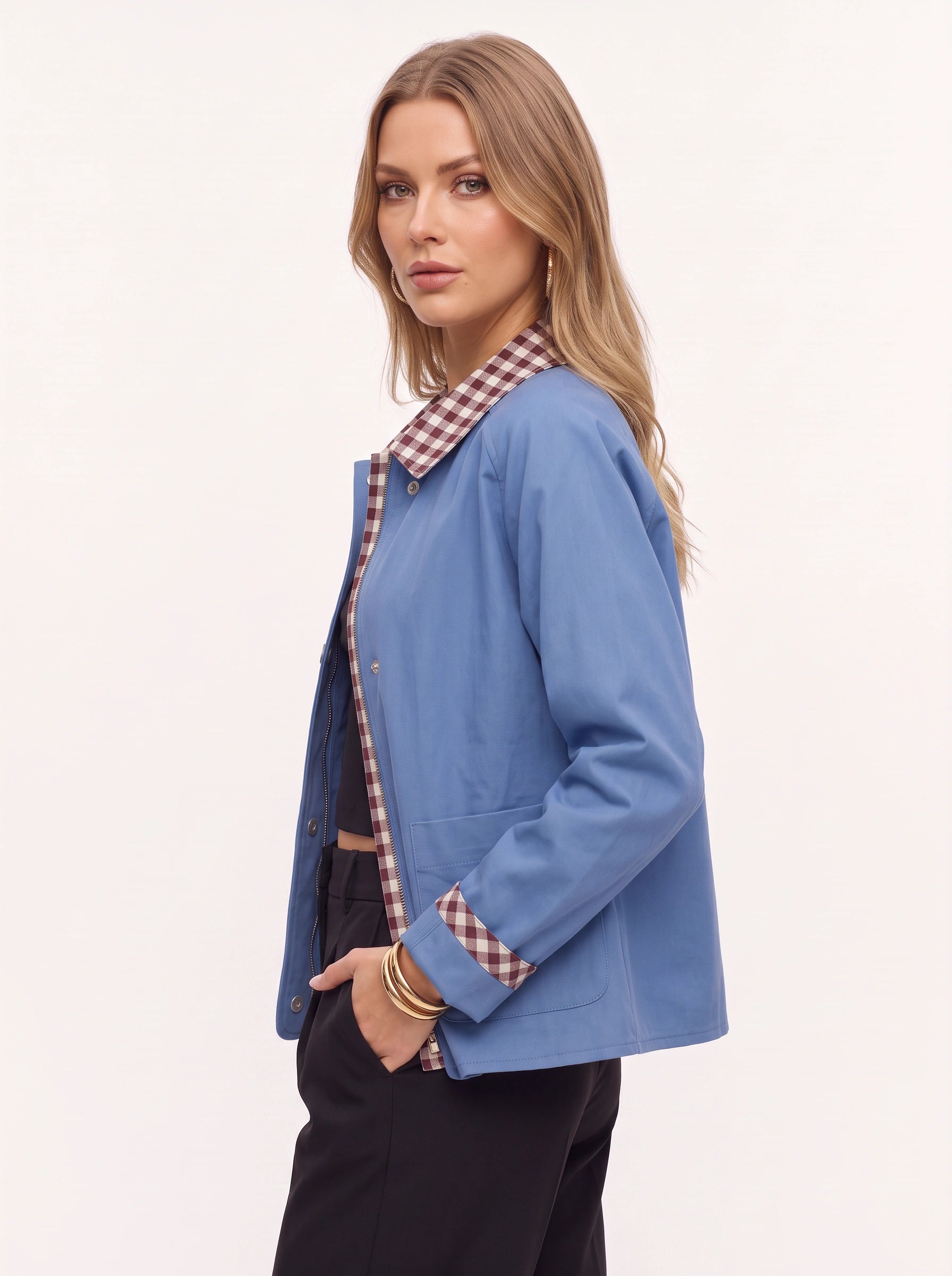 Brigwell Contrast Collar Button-Up Jacket – Women Barn Jacket Casual Outerwear Detachable Collar Style Workwear Coat