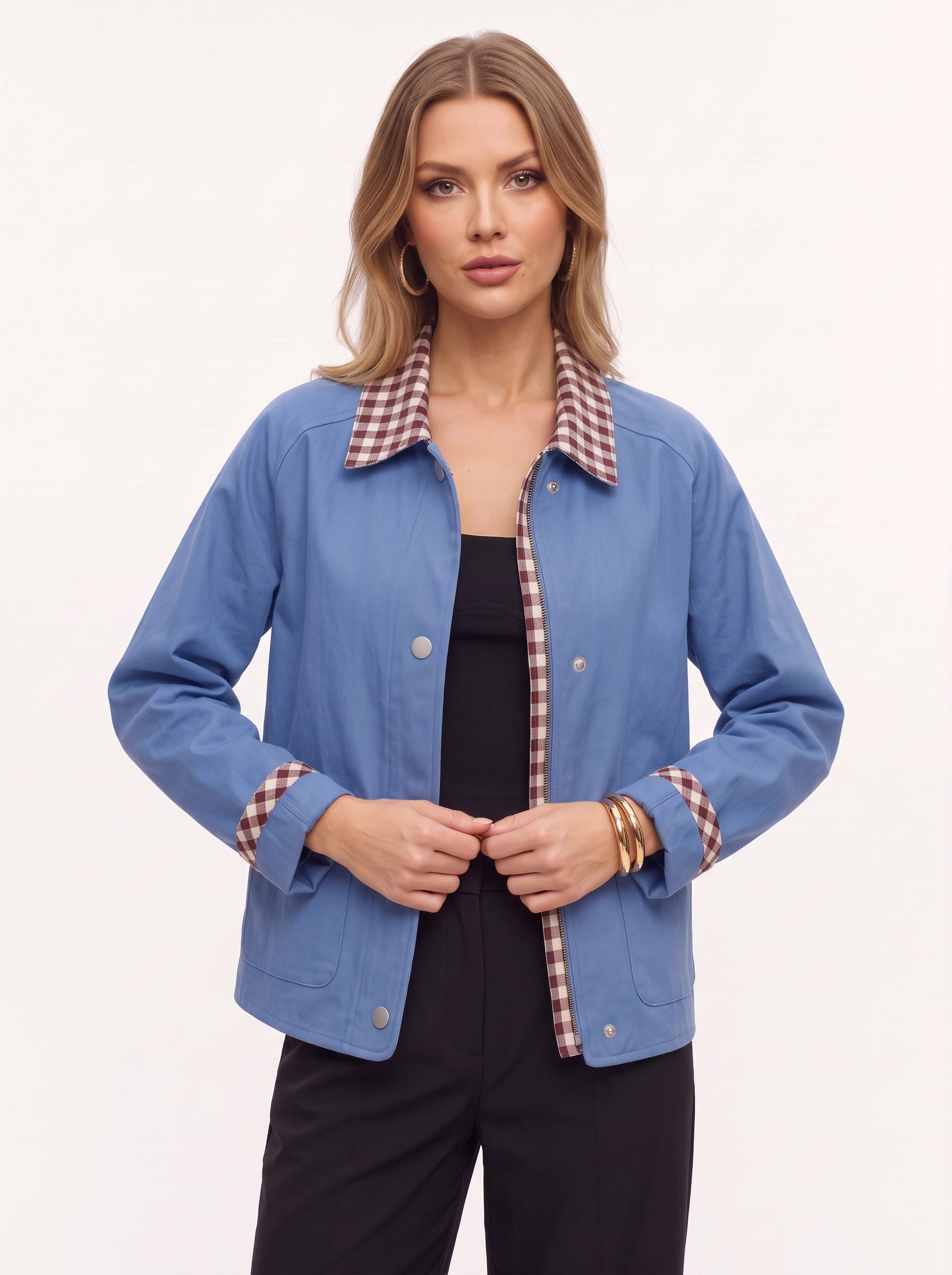 Brigwell Contrast Collar Button-Up Jacket – Women Barn Jacket Casual Outerwear Detachable Collar Style Workwear Coat