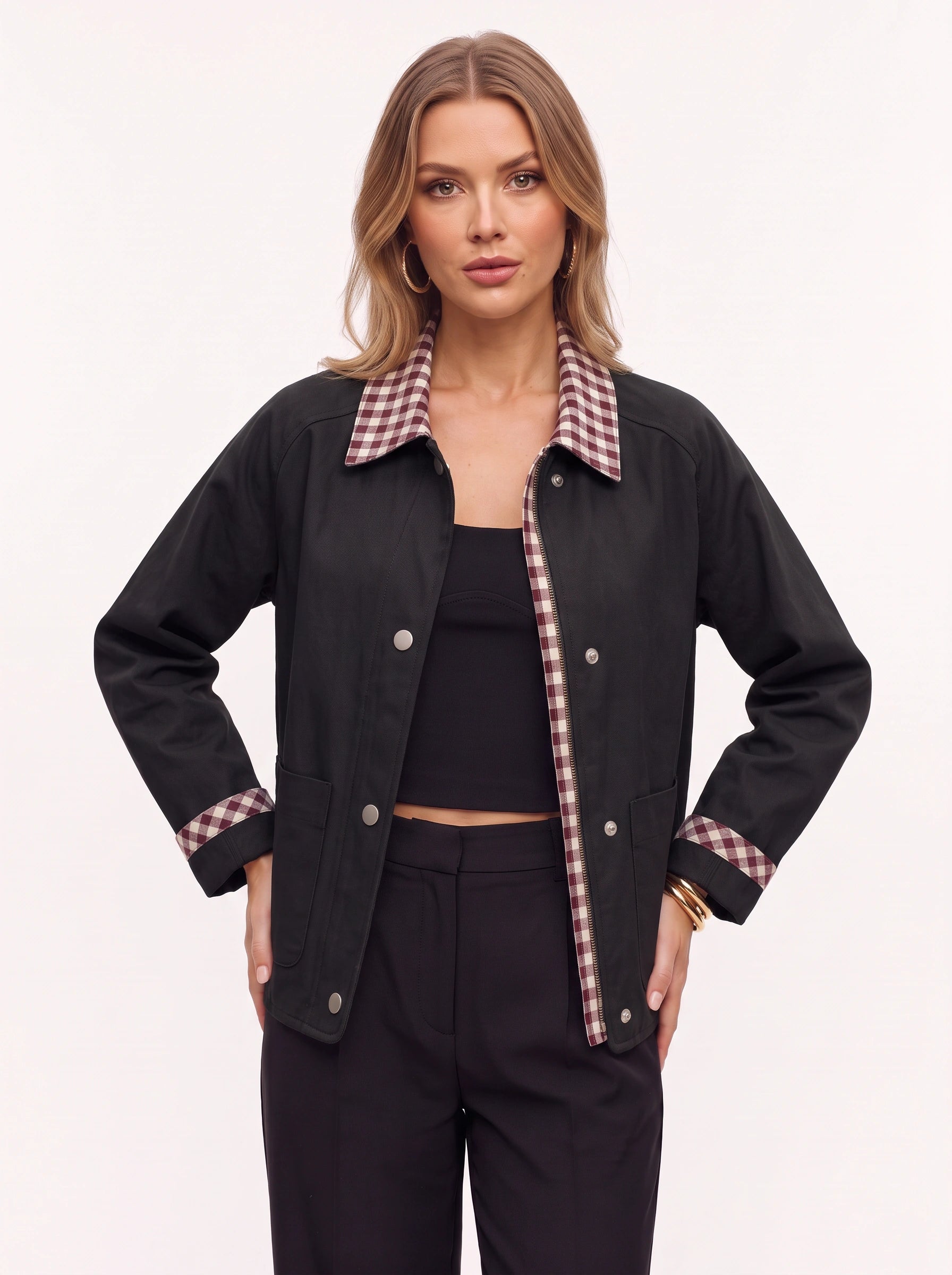 Brigwell Contrast Collar Button-Up Jacket – Women Barn Jacket Casual Outerwear Detachable Collar Style Workwear Coat