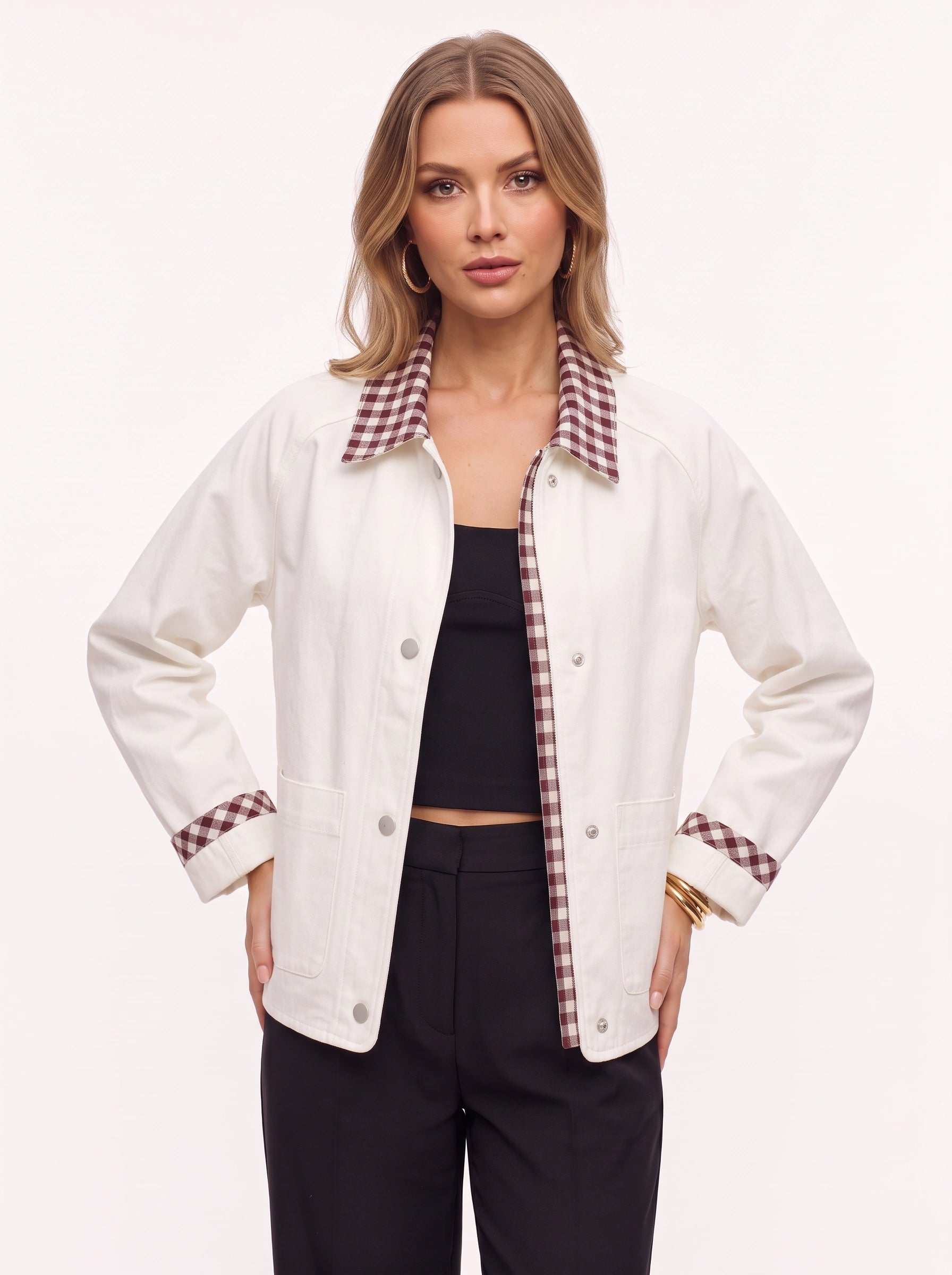 Brigwell Contrast Collar Button-Up Jacket – Women Barn Jacket Casual Outerwear Detachable Collar Style Workwear Coat