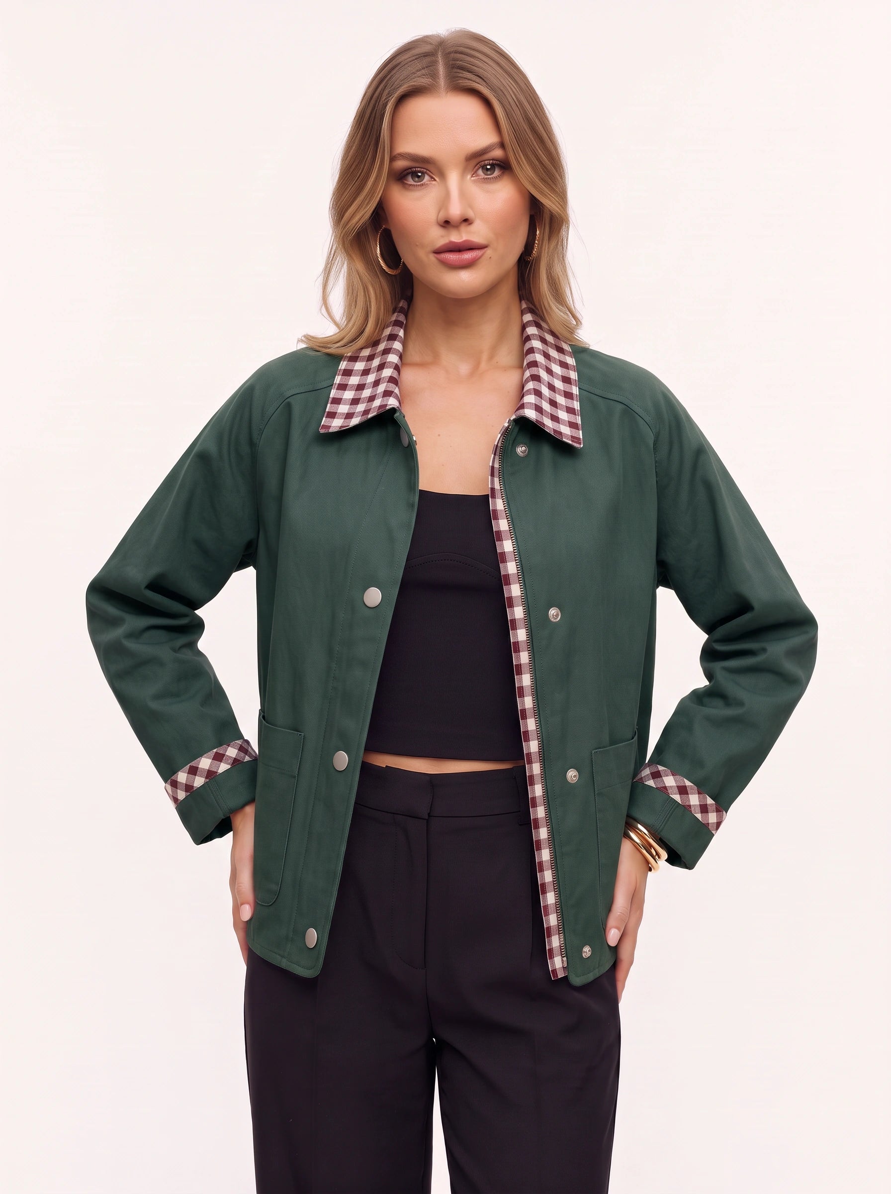 Brigwell Contrast Collar Button-Up Jacket – Women Barn Jacket Casual Outerwear Detachable Collar Style Workwear Coat