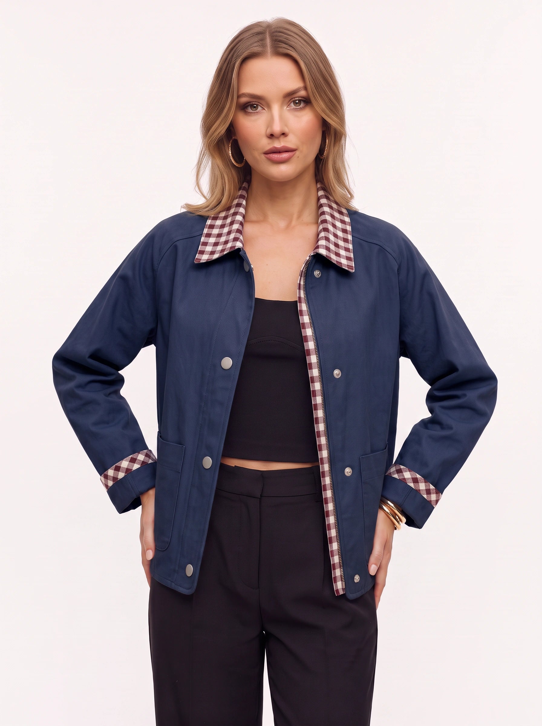 Brigwell Contrast Collar Button-Up Jacket – Women Barn Jacket Casual Outerwear Detachable Collar Style Workwear Coat