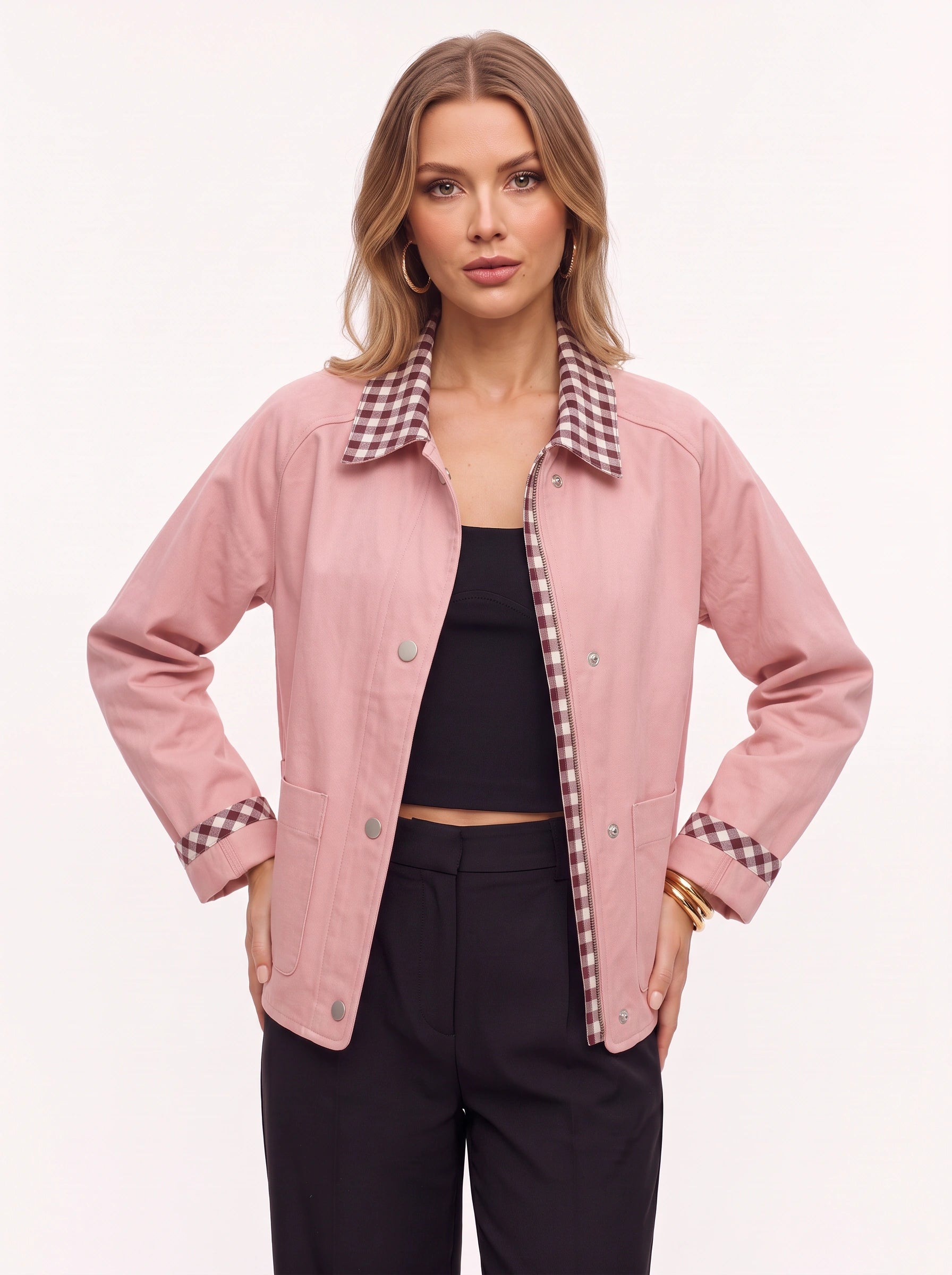 Brigwell Contrast Collar Button-Up Jacket – Women Barn Jacket Casual Outerwear Detachable Collar Style Workwear Coat