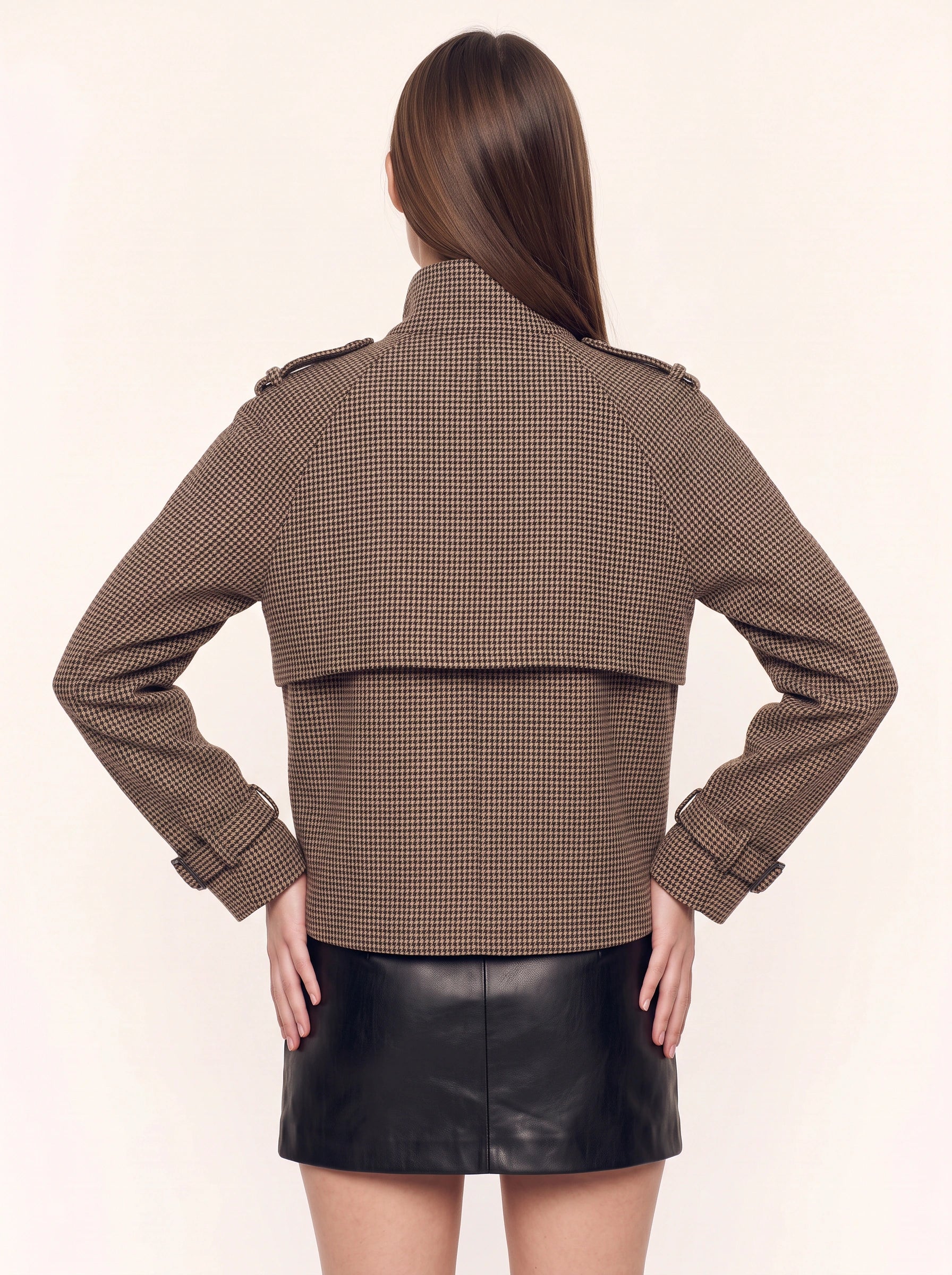Veste courte Piedith à col cheminée - Manteau d'hiver à motif pied-de-poule pour femme, blazer décontracté ajusté pour le bureau