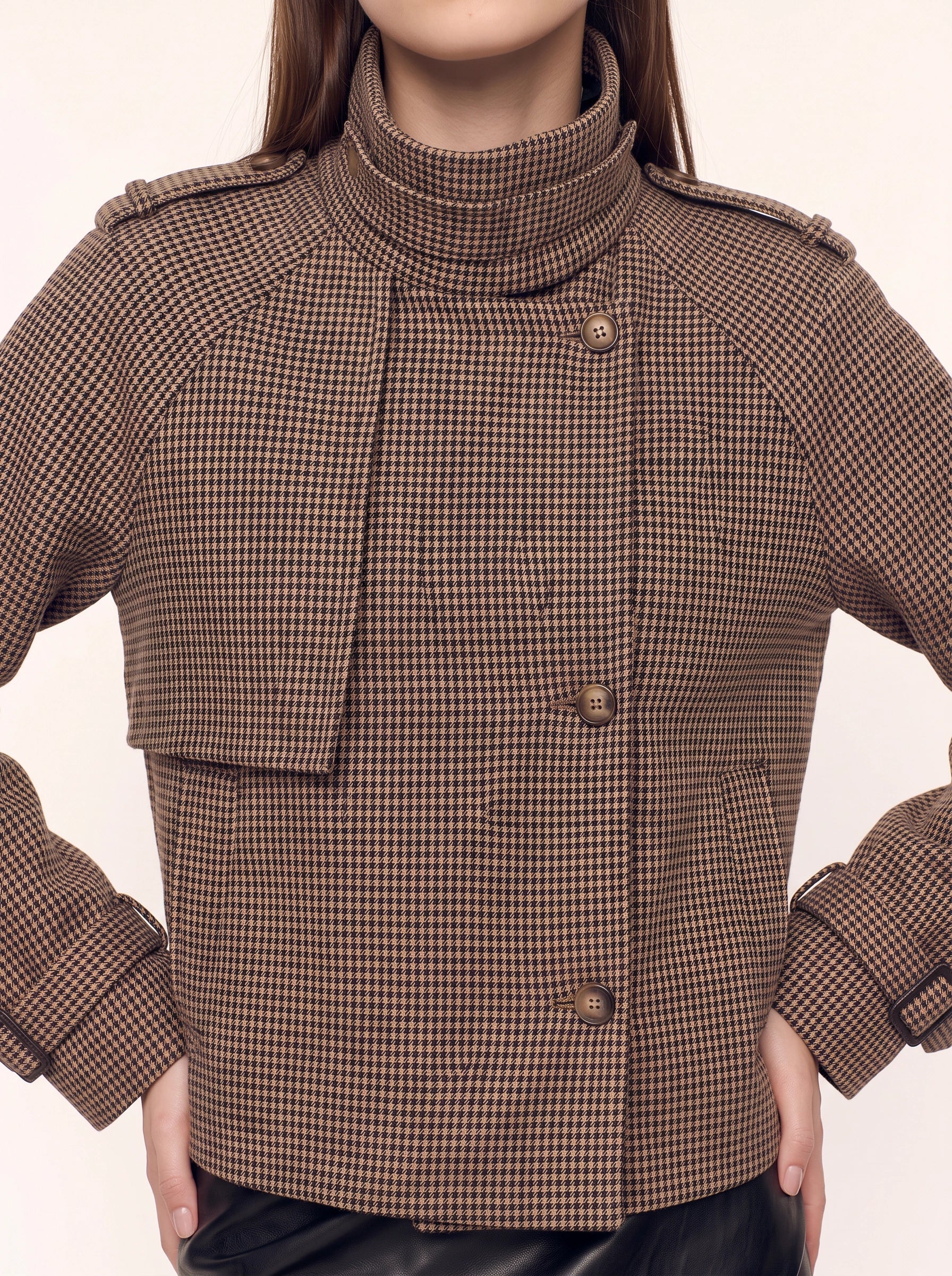 Veste courte Piedith à col cheminée - Manteau d'hiver à motif pied-de-poule pour femme, blazer décontracté ajusté pour le bureau