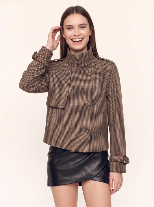 Piedith Funnel Neck Cropped Jacket – Houndstooth Women Winter Coat Blazer Casual Office Tailored Jacket