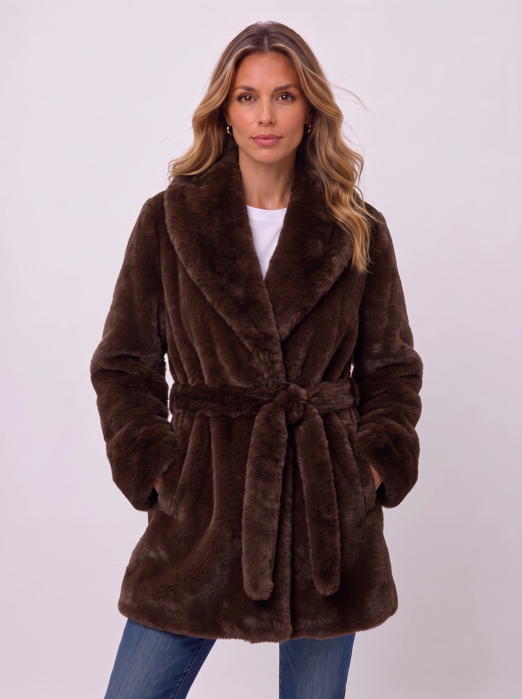 Foldren Faux Fur Belted Longline Coat – Women Winter Shawl Collar Wrap Front Outerwear Parka Jacket