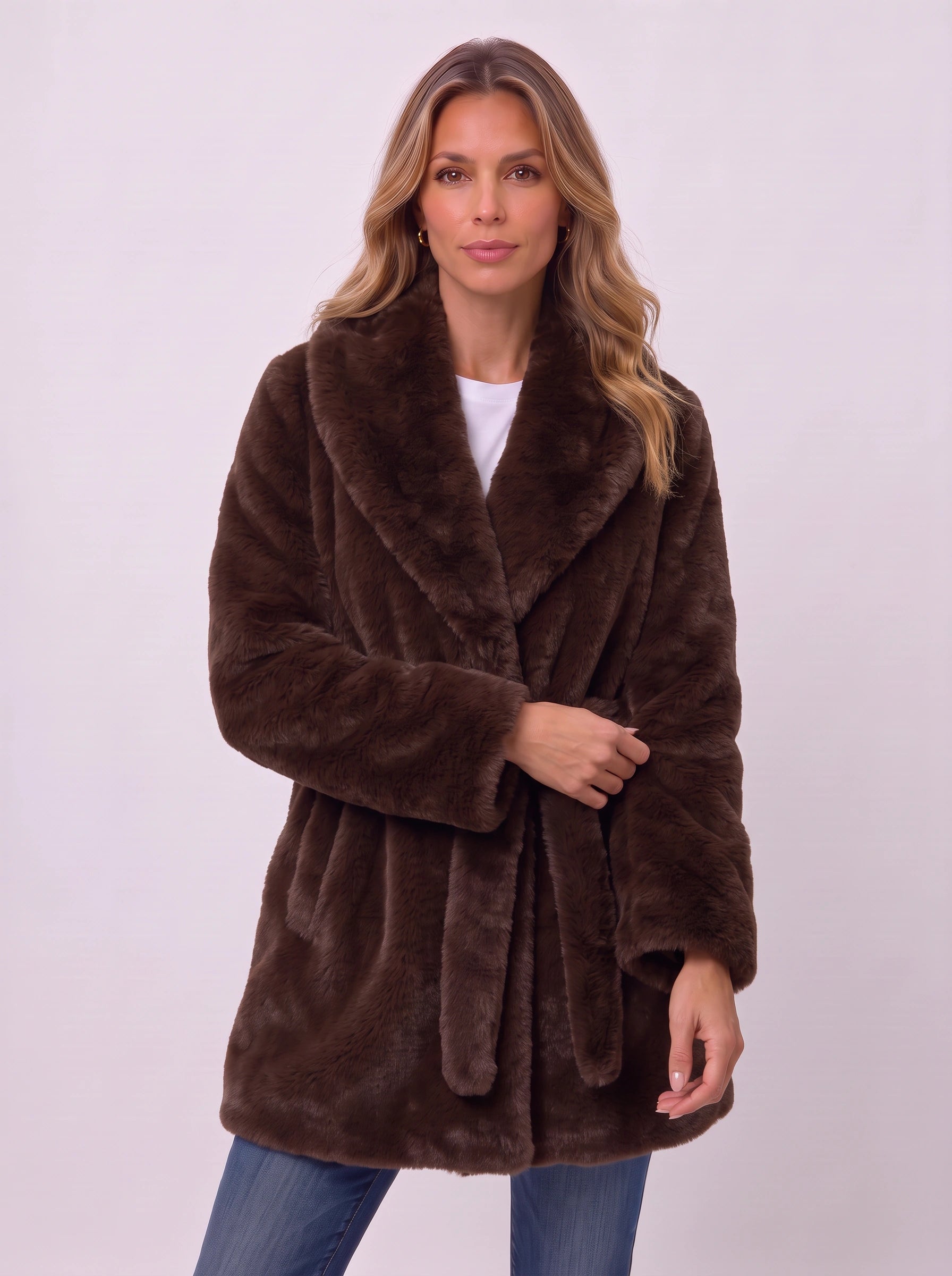 Foldren Faux Fur Belted Longline Coat – Women Winter Shawl Collar Wrap Front Outerwear Parka Jacket