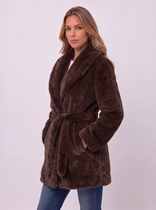 Foldren Faux Fur Belted Longline Coat – Women Winter Shawl Collar Wrap Front Outerwear Parka Jacket