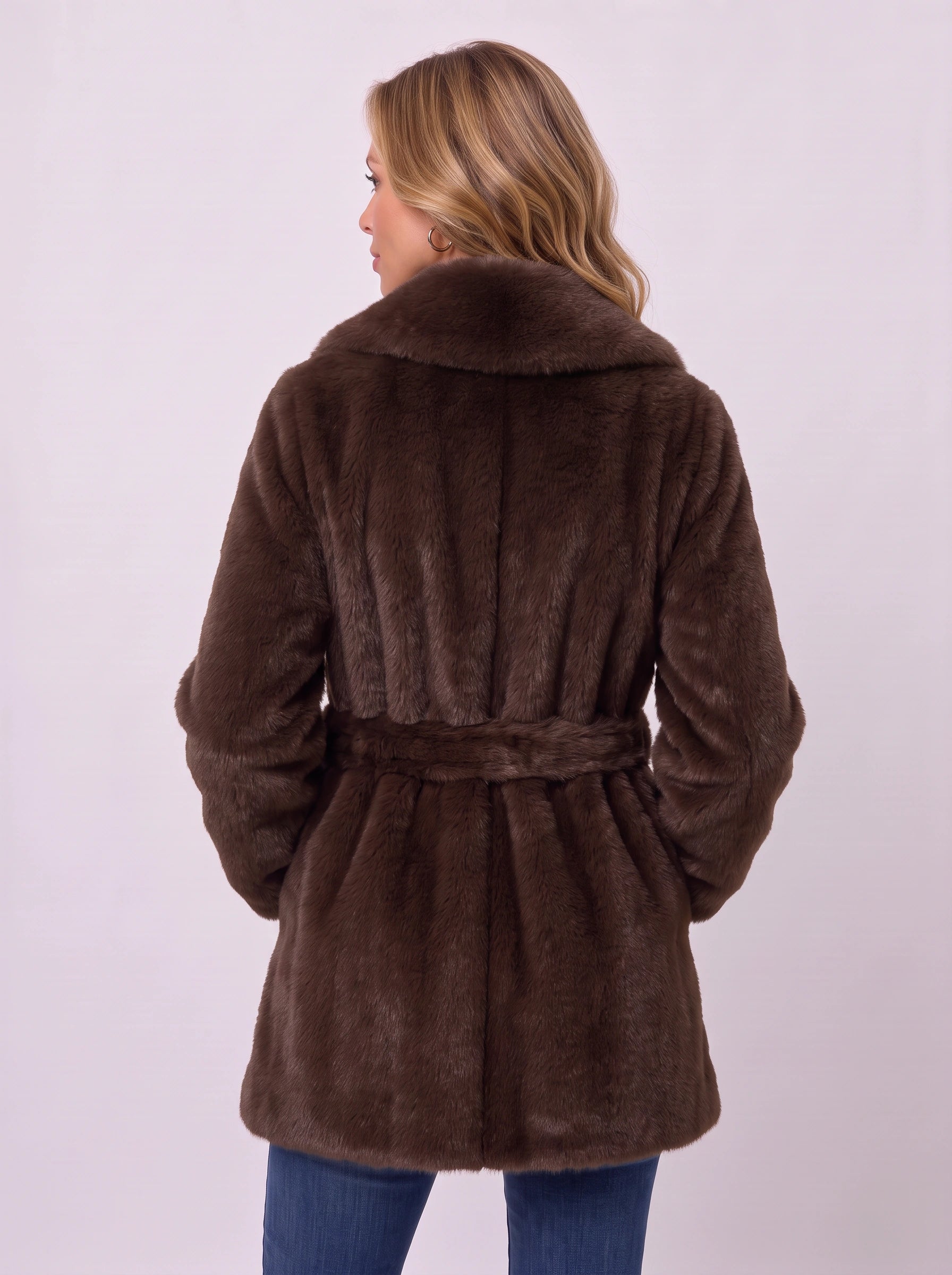 Foldren Faux Fur Belted Longline Coat – Women Winter Shawl Collar Wrap Front Outerwear Parka Jacket
