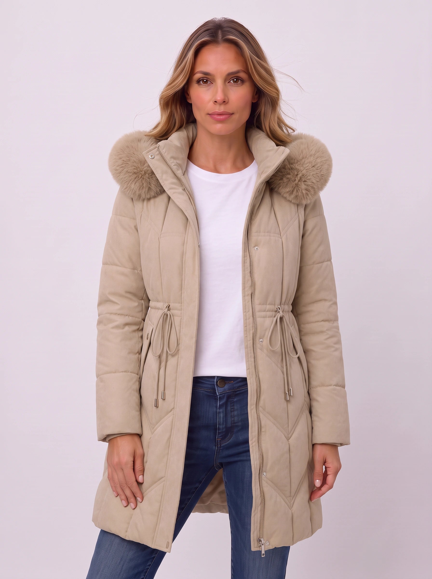 Isadora Quilted Parka Coat – Faux Fur Hood Women Puffer Jacket Winter Outerwear Drawstring Longline Coat