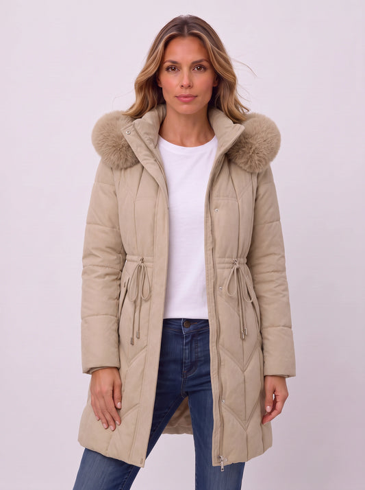 Isadora Quilted Parka Coat – Faux Fur Hood Women Puffer Jacket Winter Outerwear Drawstring Longline Coat