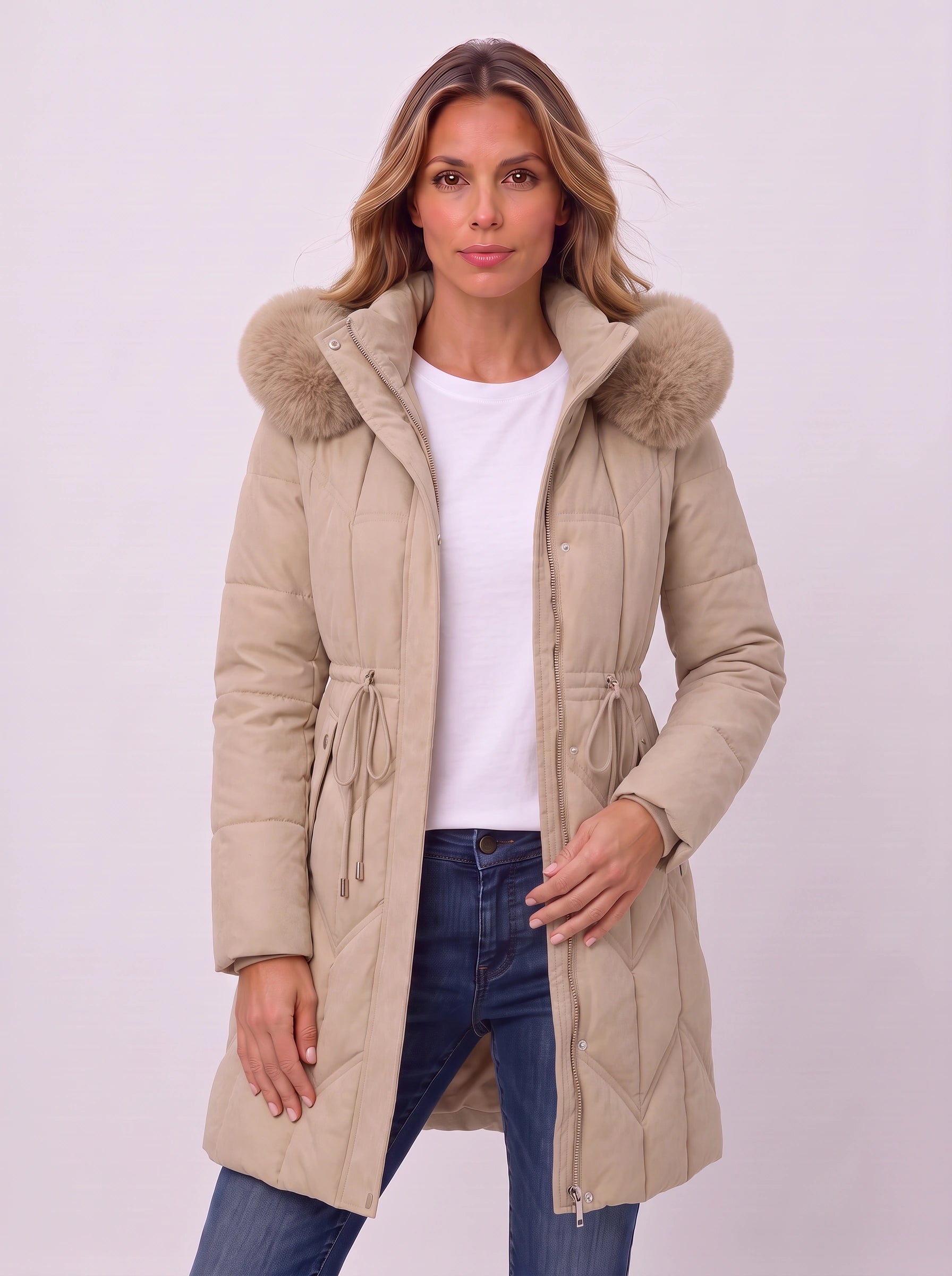 Isadora Quilted Parka Coat – Faux Fur Hood Women Puffer Jacket Winter Outerwear Drawstring Longline Coat