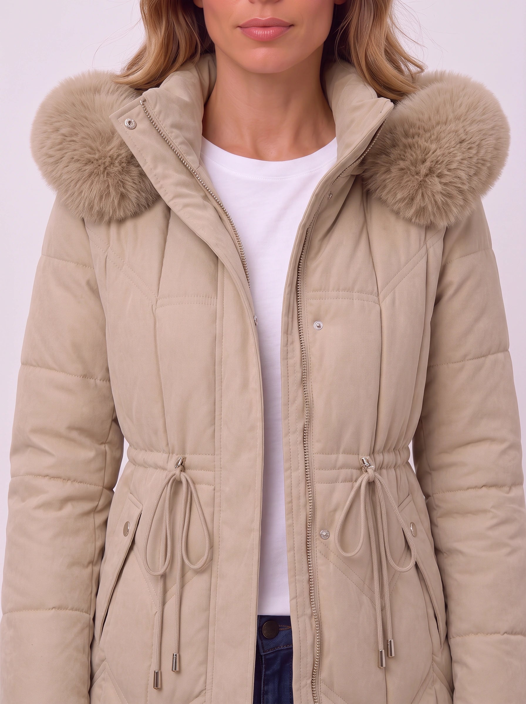 Isadora Quilted Parka Coat – Faux Fur Hood Women Puffer Jacket Winter Outerwear Drawstring Longline Coat