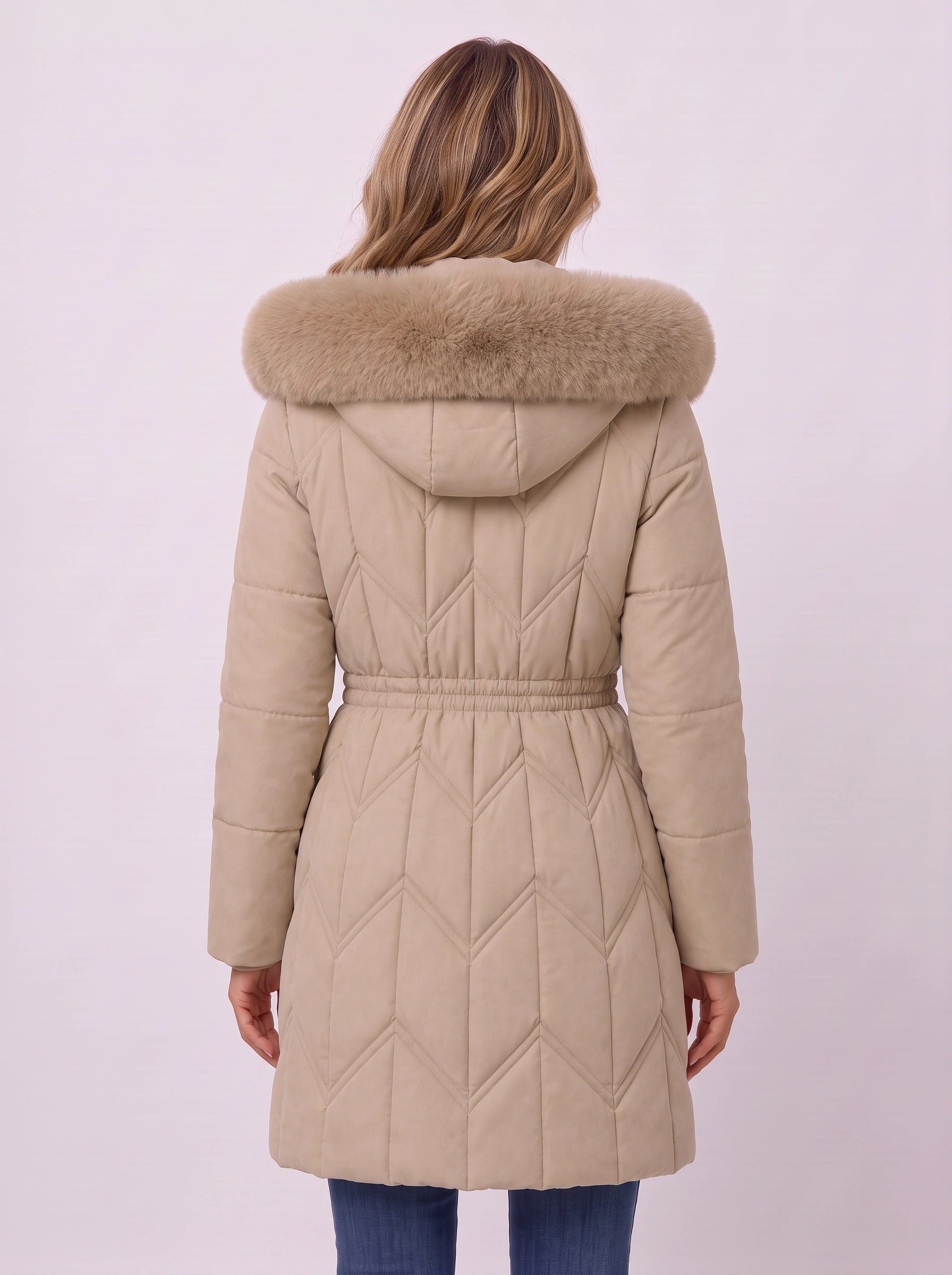 Isadora Quilted Parka Coat – Faux Fur Hood Women Puffer Jacket Winter Outerwear Drawstring Longline Coat