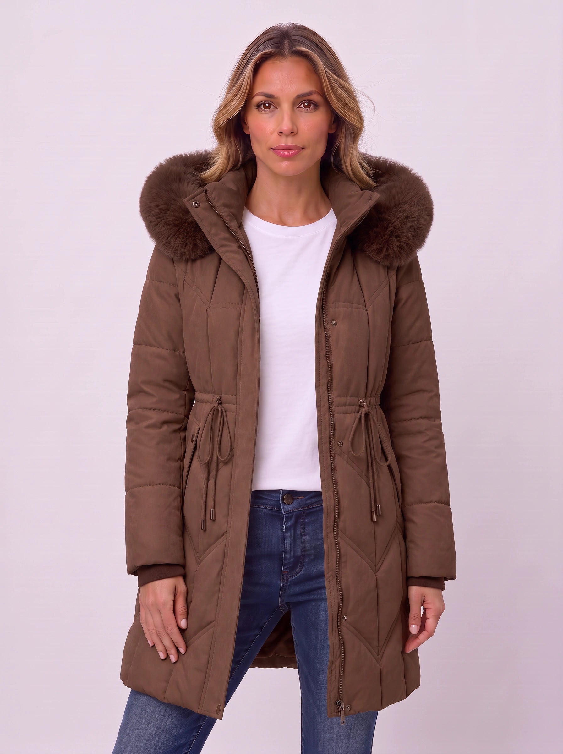 Isadora Quilted Parka Coat – Faux Fur Hood Women Puffer Jacket Winter Outerwear Drawstring Longline Coat
