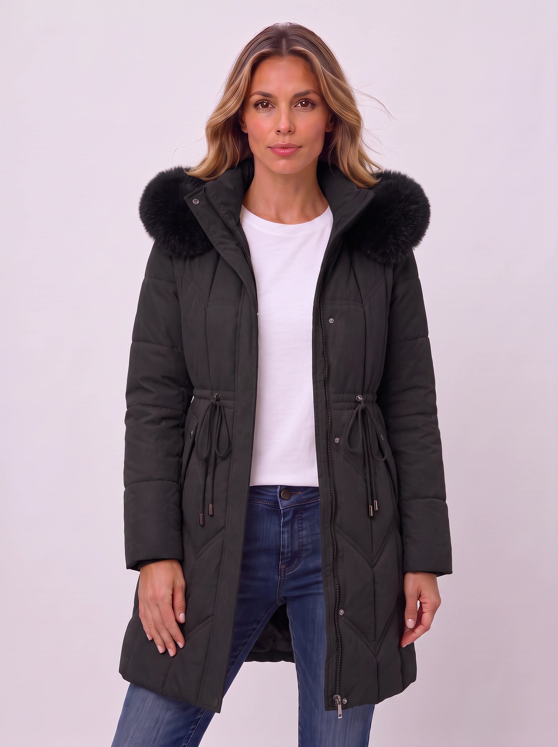 Isadora Quilted Parka Coat – Faux Fur Hood Women Puffer Jacket Winter Outerwear Drawstring Longline Coat