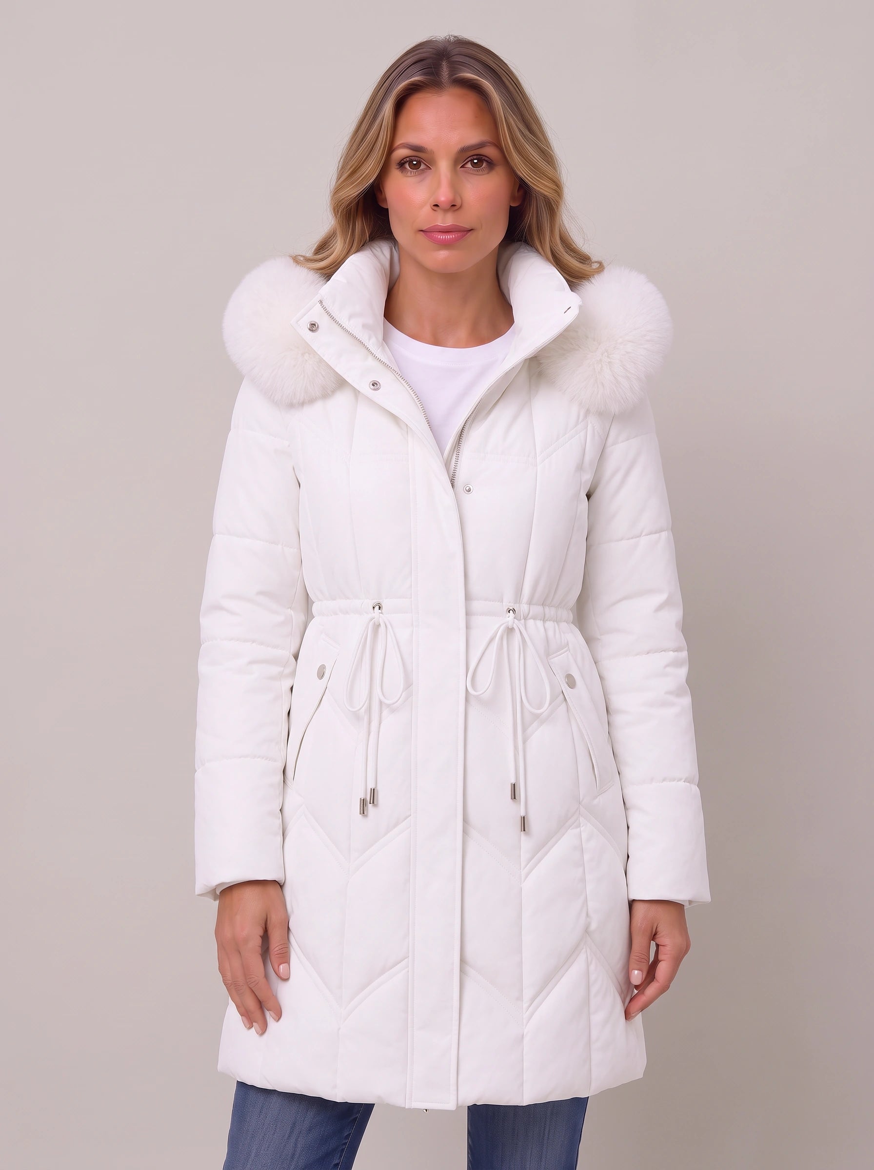 Isadora Quilted Parka Coat – Faux Fur Hood Women Puffer Jacket Winter Outerwear Drawstring Longline Coat