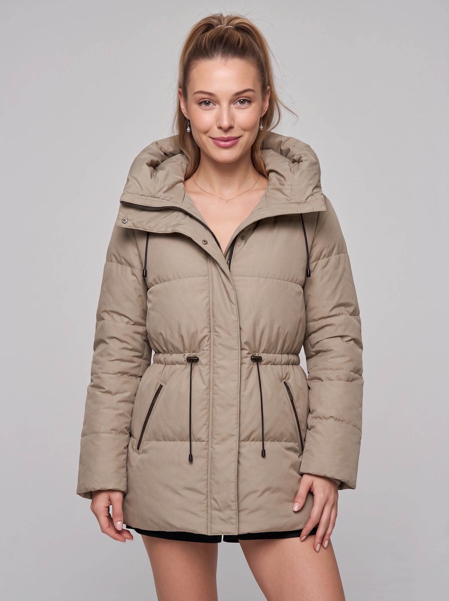 Cordva Quilted Puffer Jacket – Women Winter Hooded Drawstring Cinched Waist Longline Parka Coat