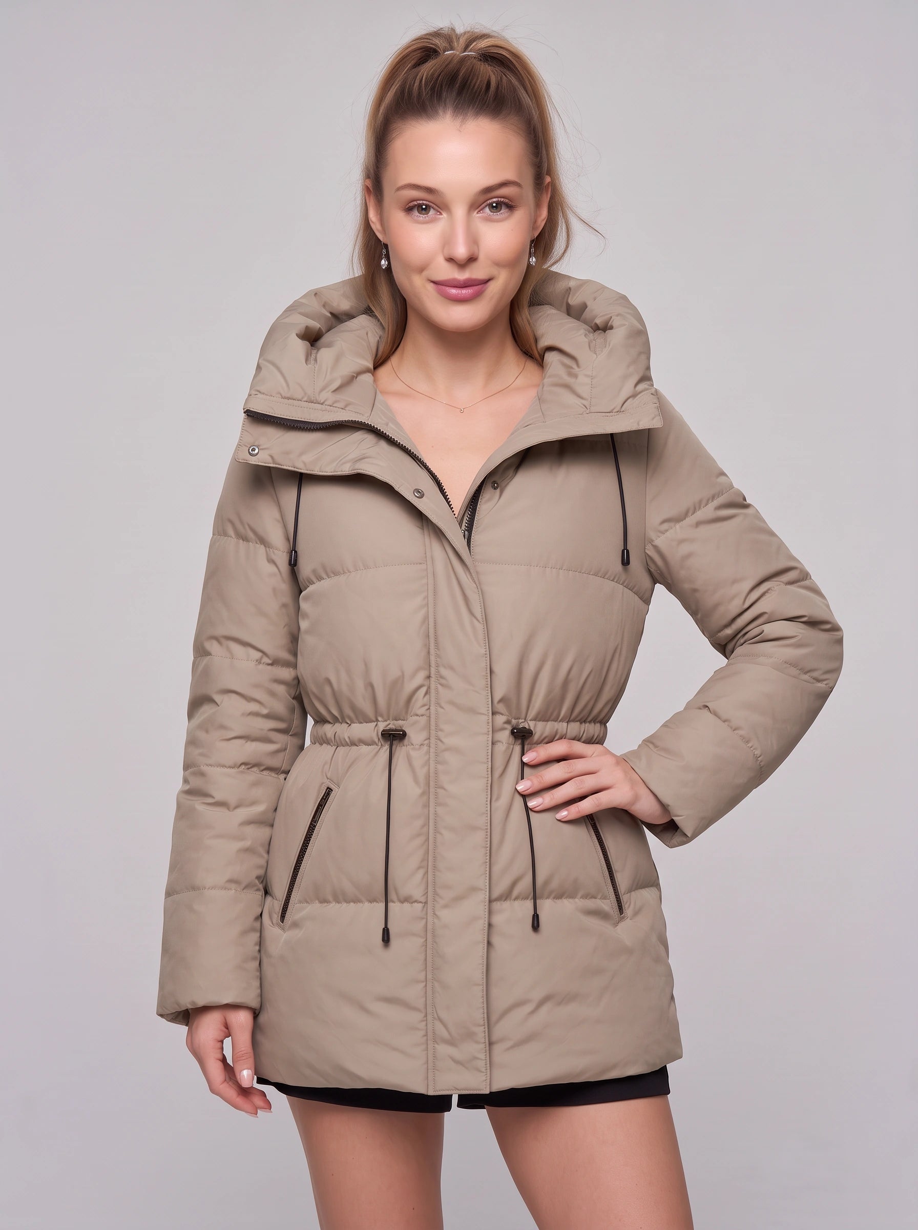 Cordva Quilted Puffer Jacket – Women Winter Hooded Drawstring Cinched Waist Longline Parka Coat