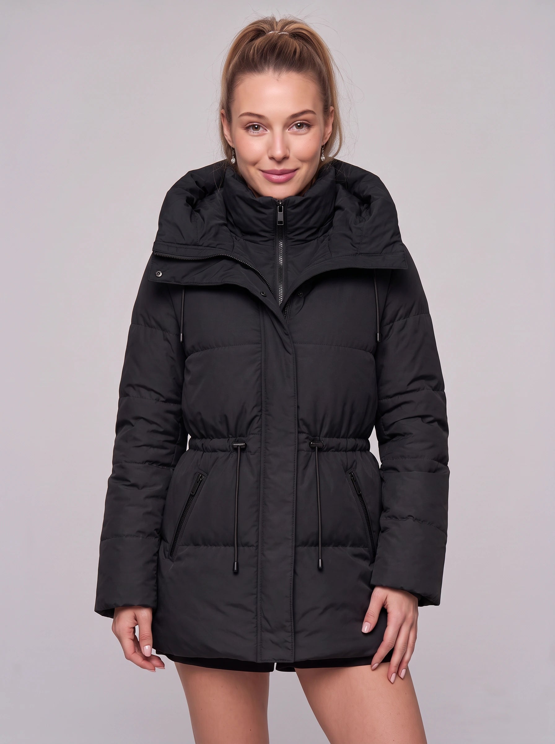 Cordva Quilted Puffer Jacket – Women Winter Hooded Drawstring Cinched Waist Longline Parka Coat