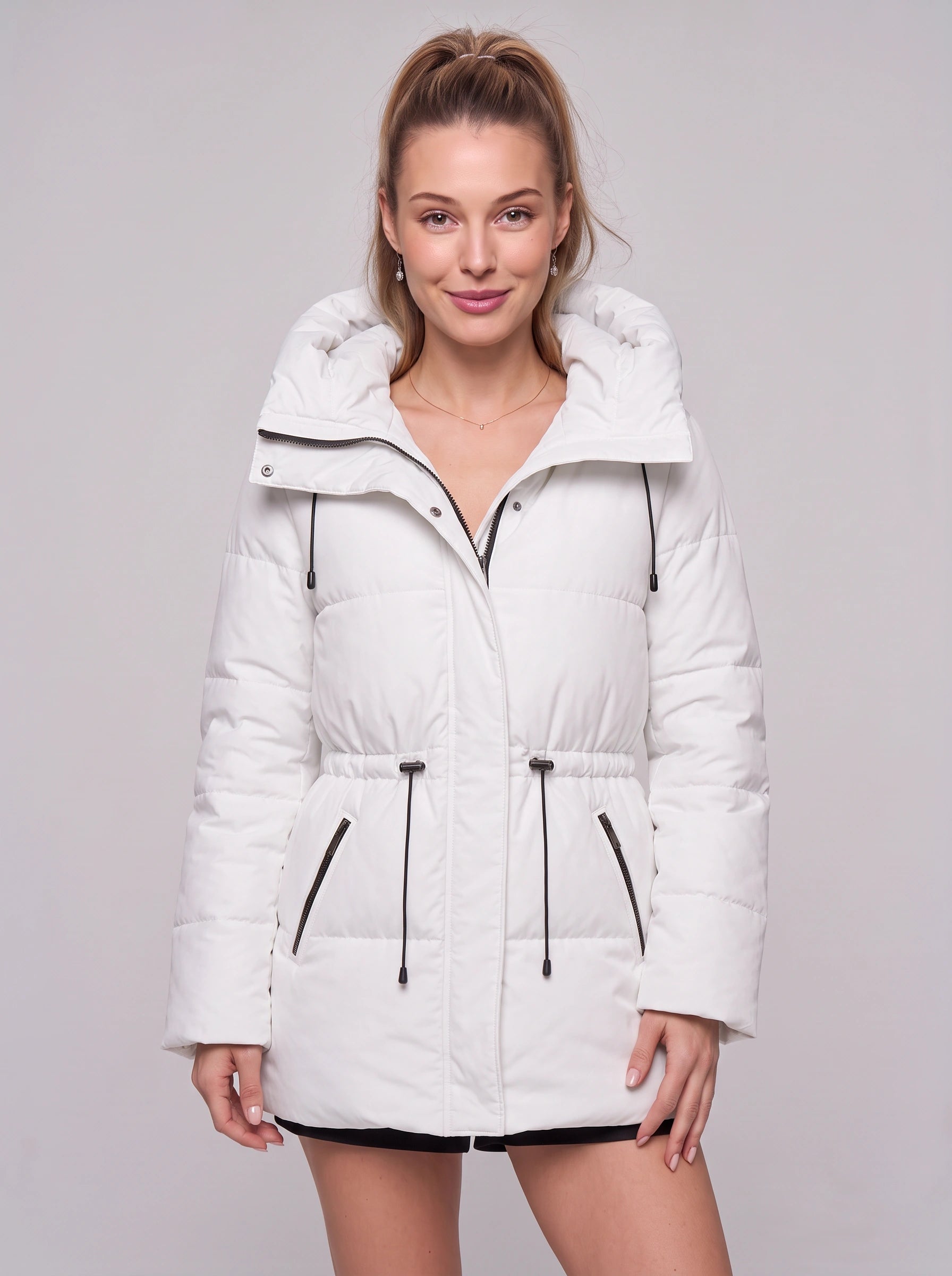 Cordva Quilted Puffer Jacket – Women Winter Hooded Drawstring Cinched Waist Longline Parka Coat