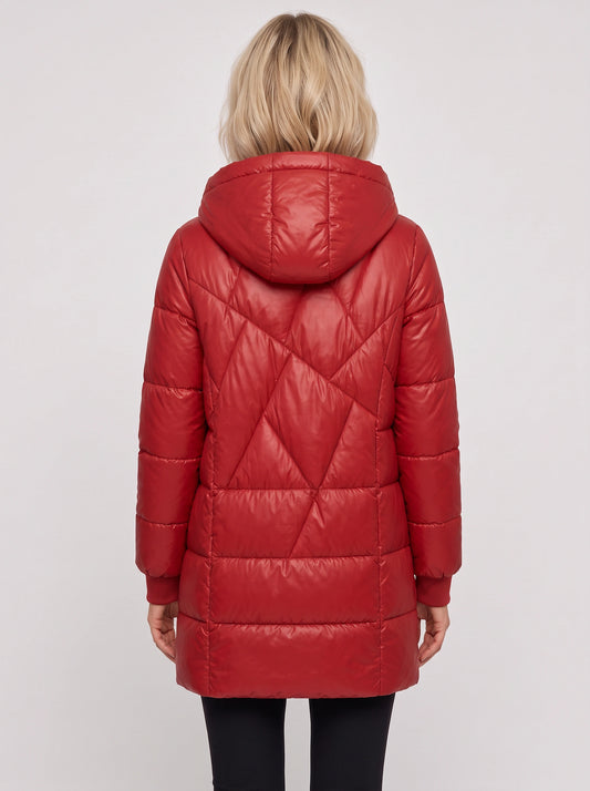 Crimsonpuff Hooded Longline Puffer Jacket – Quilted Warm Winter Ladies Outerwear Hooded Women Coat