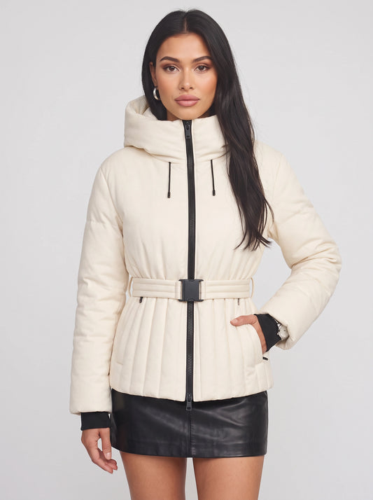 Tresci Belted Puffer Jacket – Quilted Women Puffer Coat Hooded Drawstring Cinched Waist Jacket