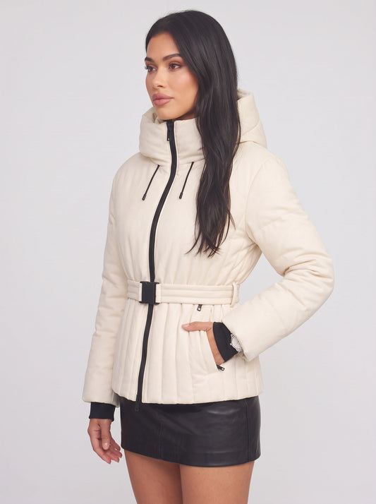 Tresci Belted Puffer Jacket – Quilted Women Puffer Coat Hooded Drawstring Cinched Waist Jacket