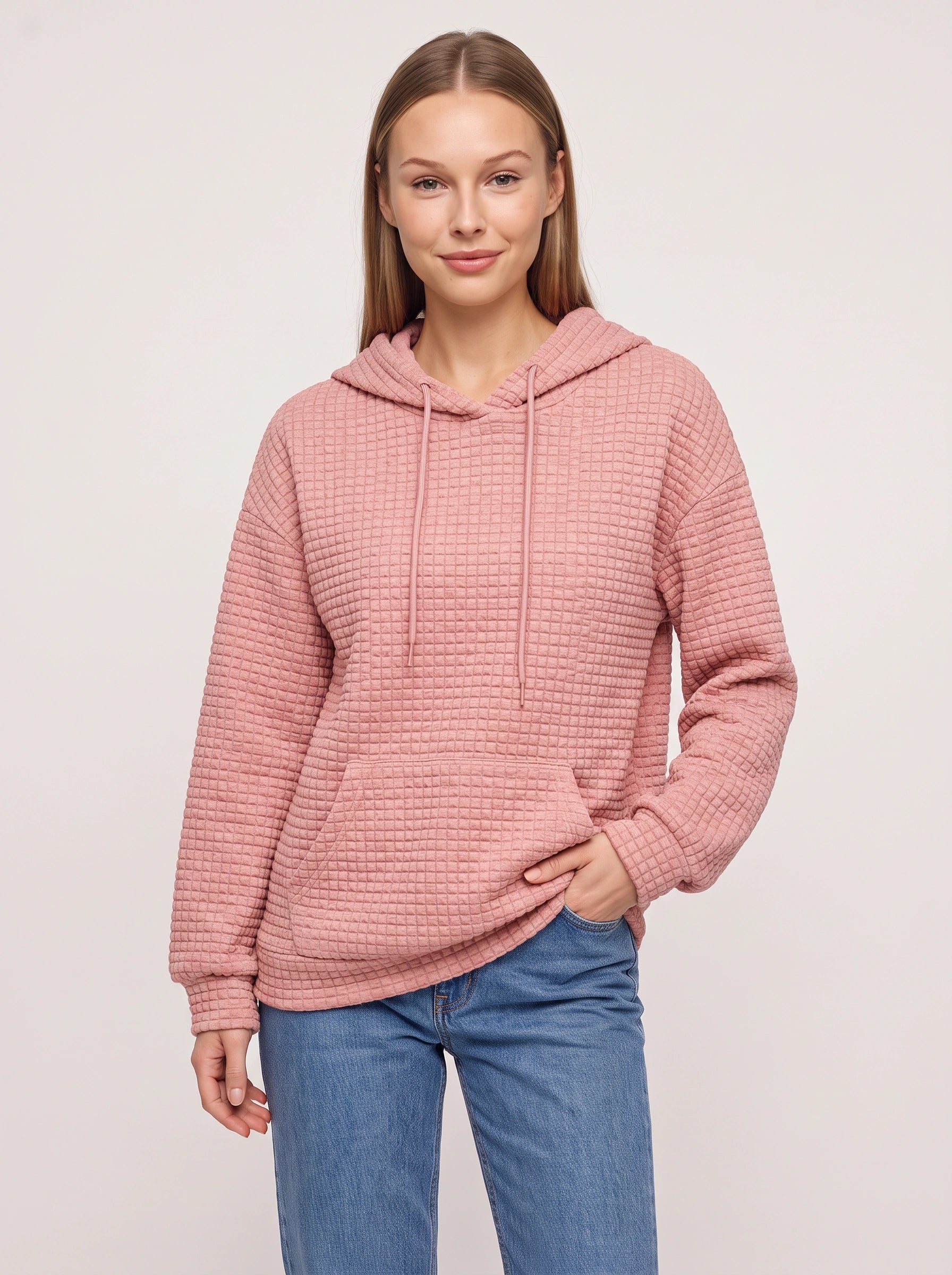 Sweat à capuche matelassé texturé Quadrette – Sweat confortable pour femme, style décontracté, détente, sportswear et streetwear