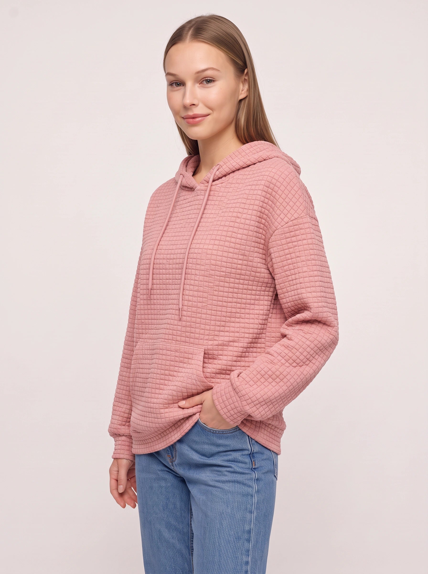 Sweat à capuche matelassé texturé Quadrette – Sweat confortable pour femme, style décontracté, détente, sportswear et streetwear