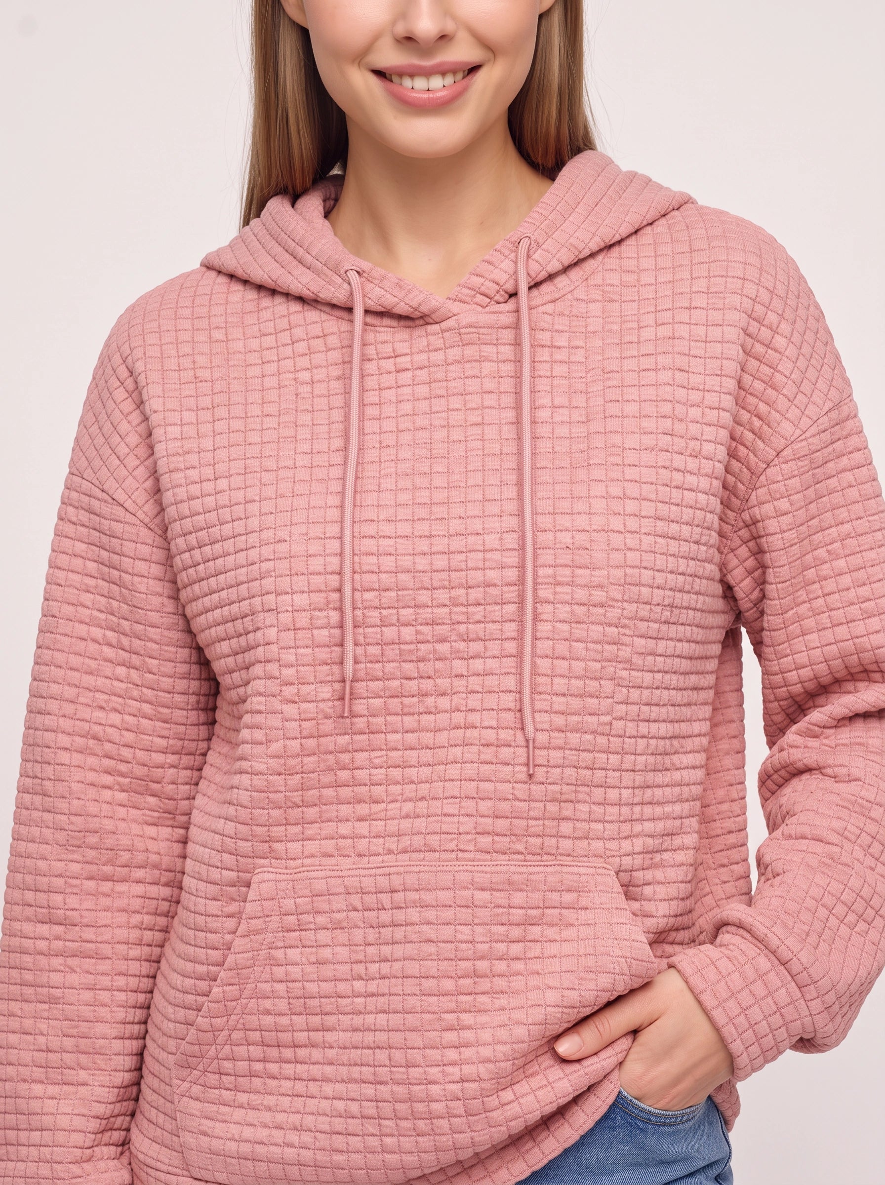 Sweat à capuche matelassé texturé Quadrette – Sweat confortable pour femme, style décontracté, détente, sportswear et streetwear