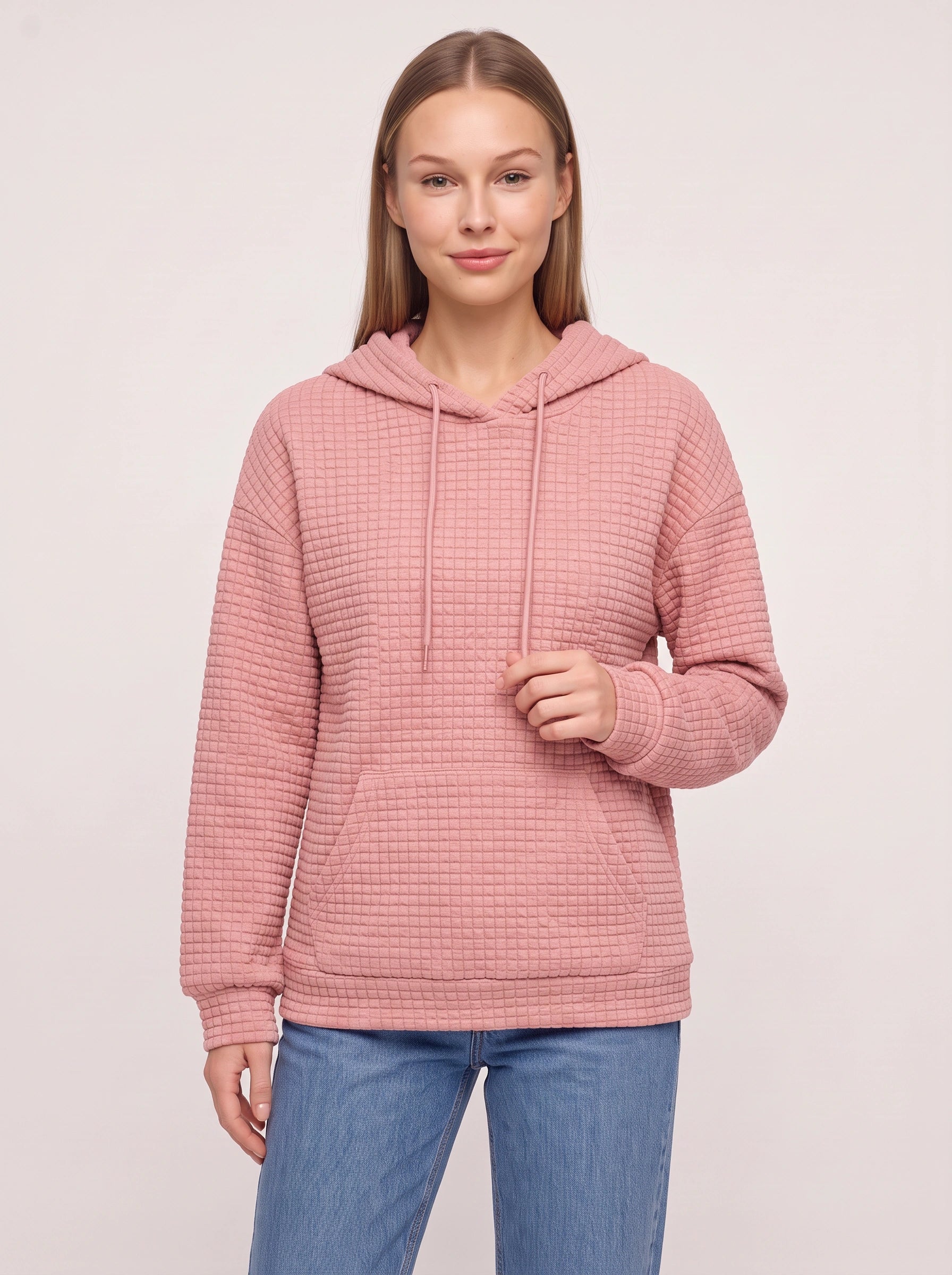 Sweat à capuche matelassé texturé Quadrette – Sweat confortable pour femme, style décontracté, détente, sportswear et streetwear