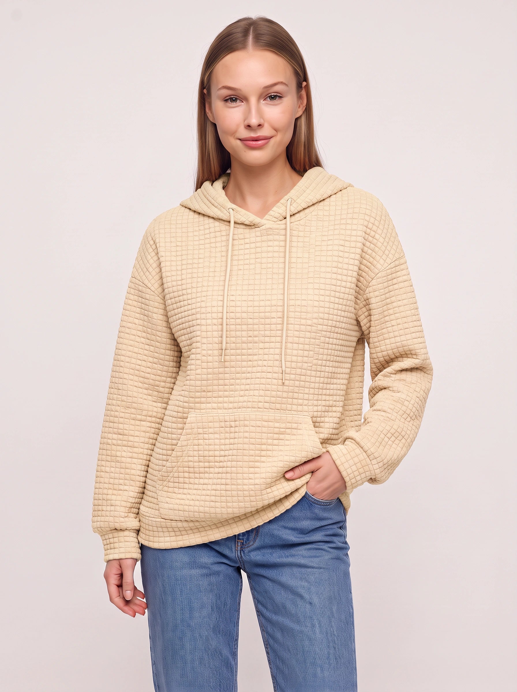 Sweat à capuche matelassé texturé Quadrette – Sweat confortable pour femme, style décontracté, détente, sportswear et streetwear