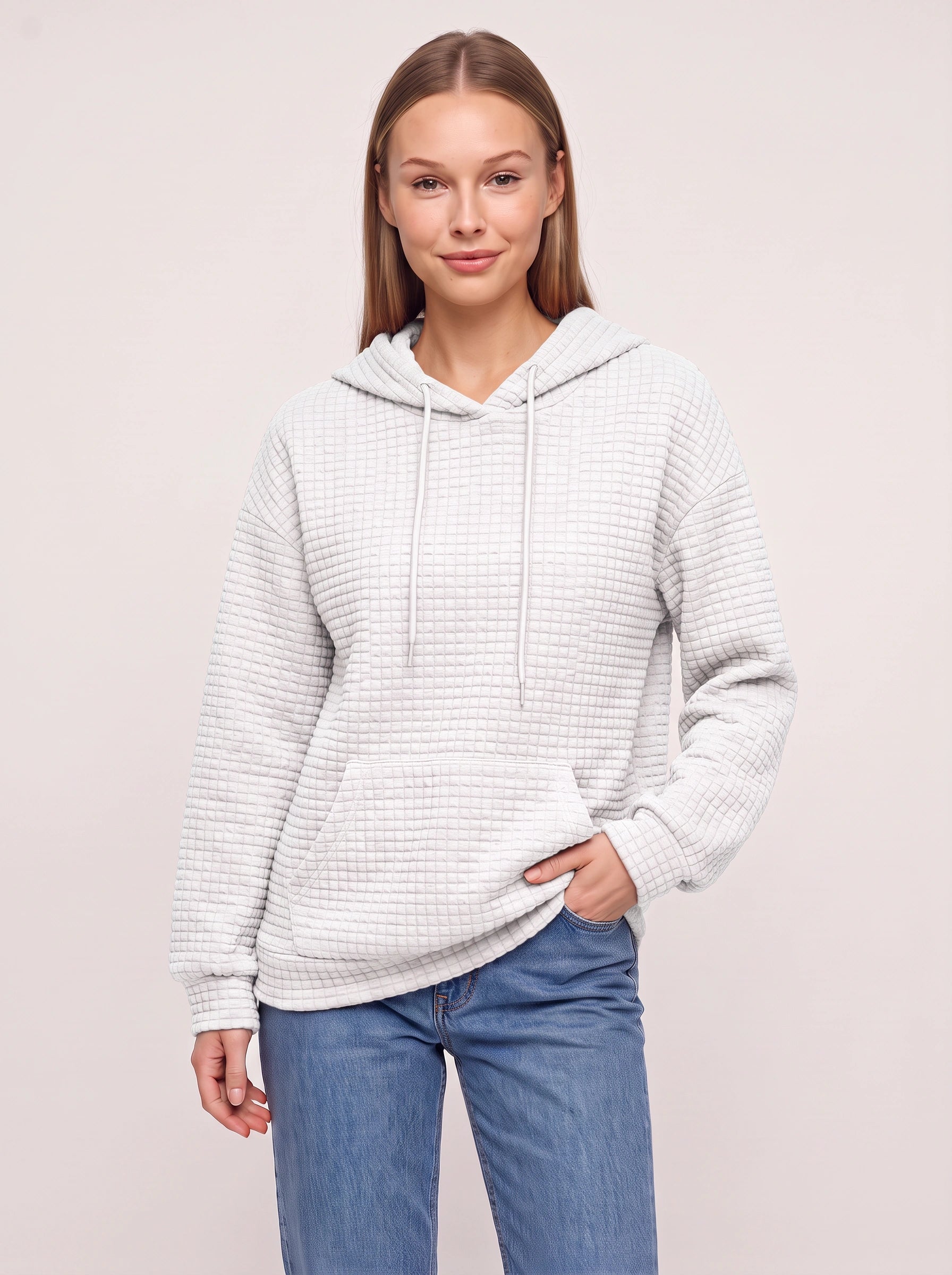 Sweat à capuche matelassé texturé Quadrette – Sweat confortable pour femme, style décontracté, détente, sportswear et streetwear
