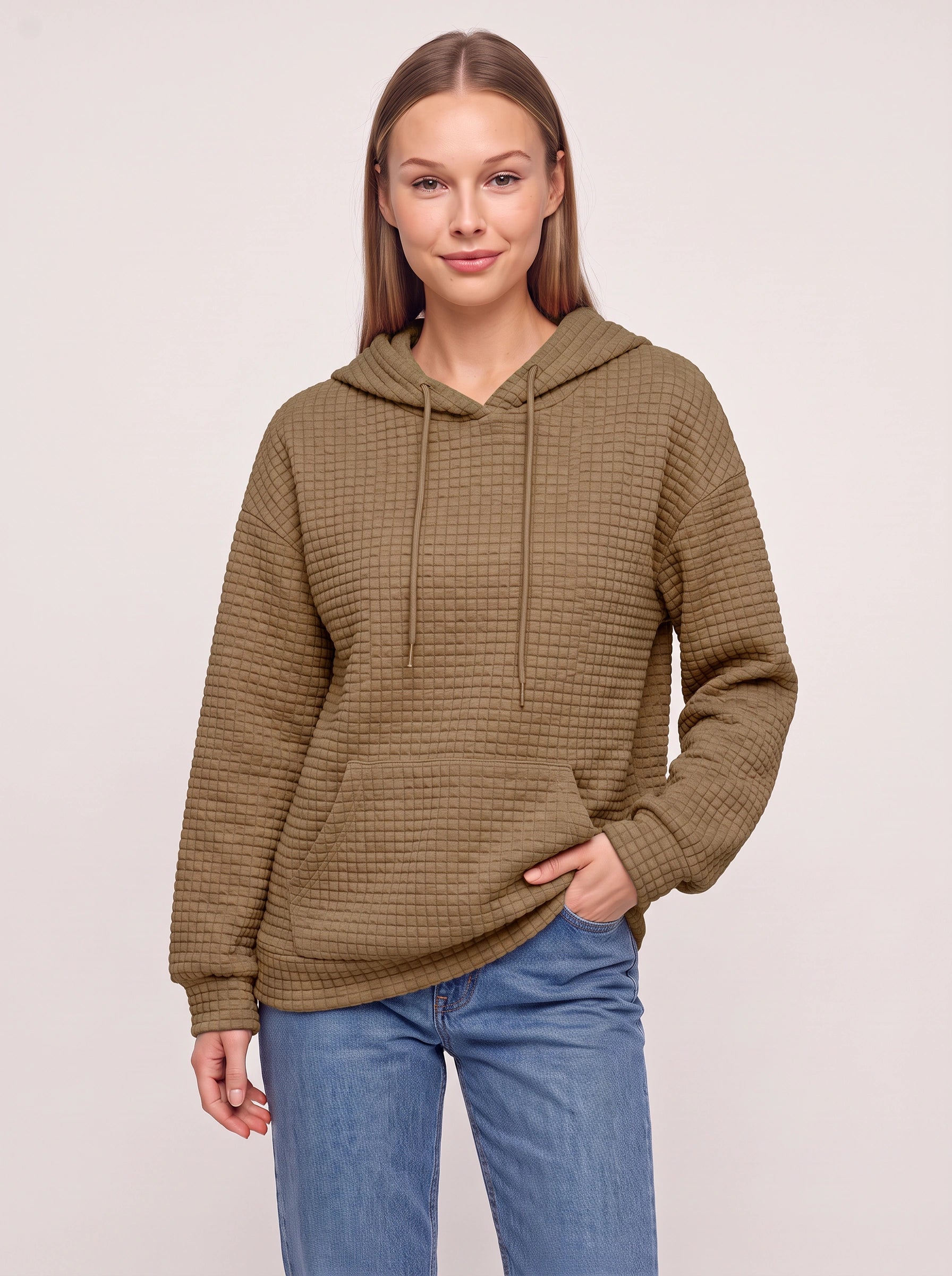 Sweat à capuche matelassé texturé Quadrette – Sweat confortable pour femme, style décontracté, détente, sportswear et streetwear