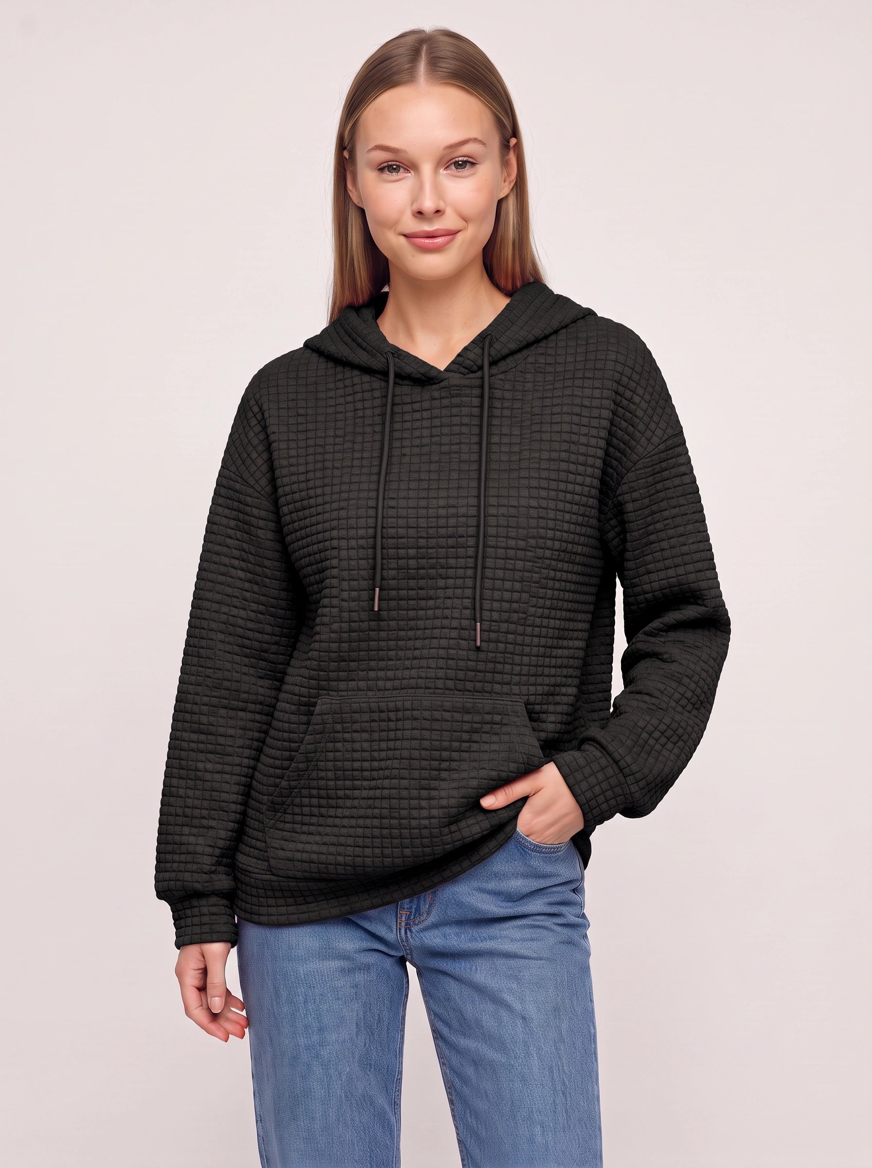 Sweat à capuche matelassé texturé Quadrette – Sweat confortable pour femme, style décontracté, détente, sportswear et streetwear