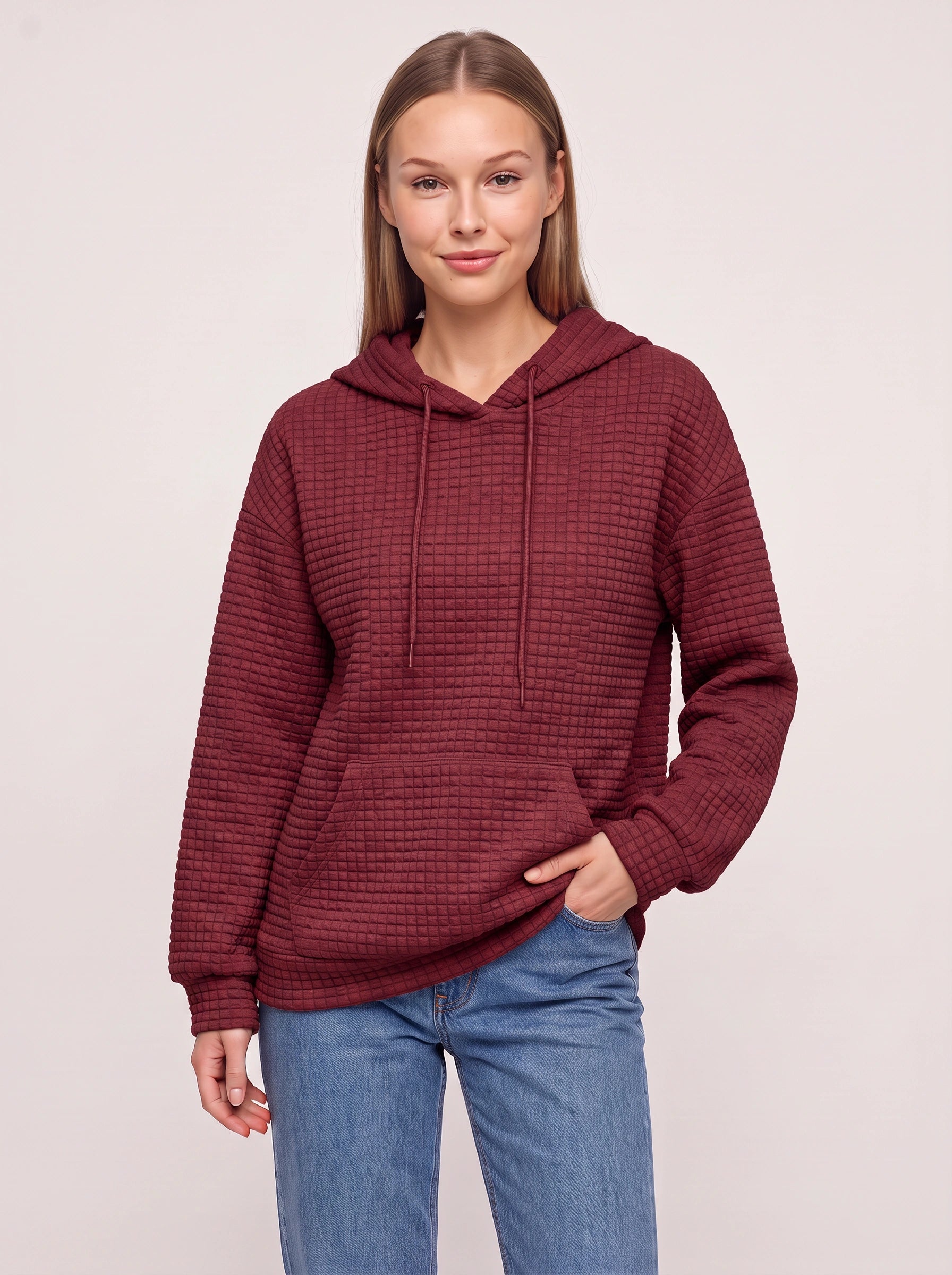 Sweat à capuche matelassé texturé Quadrette – Sweat confortable pour femme, style décontracté, détente, sportswear et streetwear