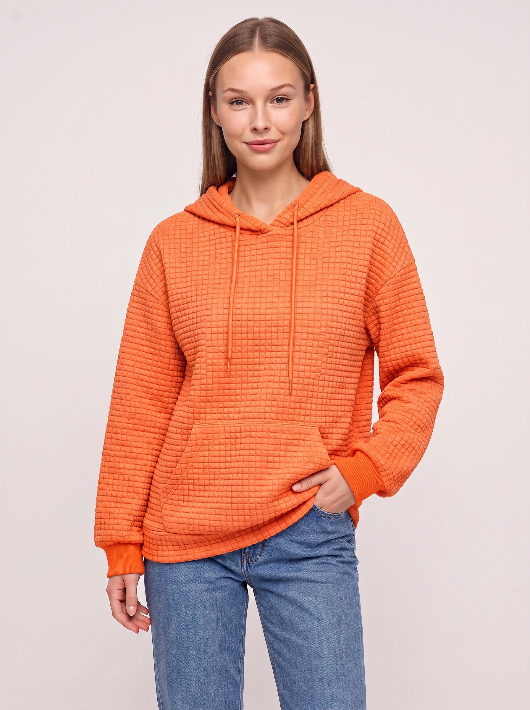 Sweat à capuche matelassé texturé Quadrette – Sweat confortable pour femme, style décontracté, détente, sportswear et streetwear