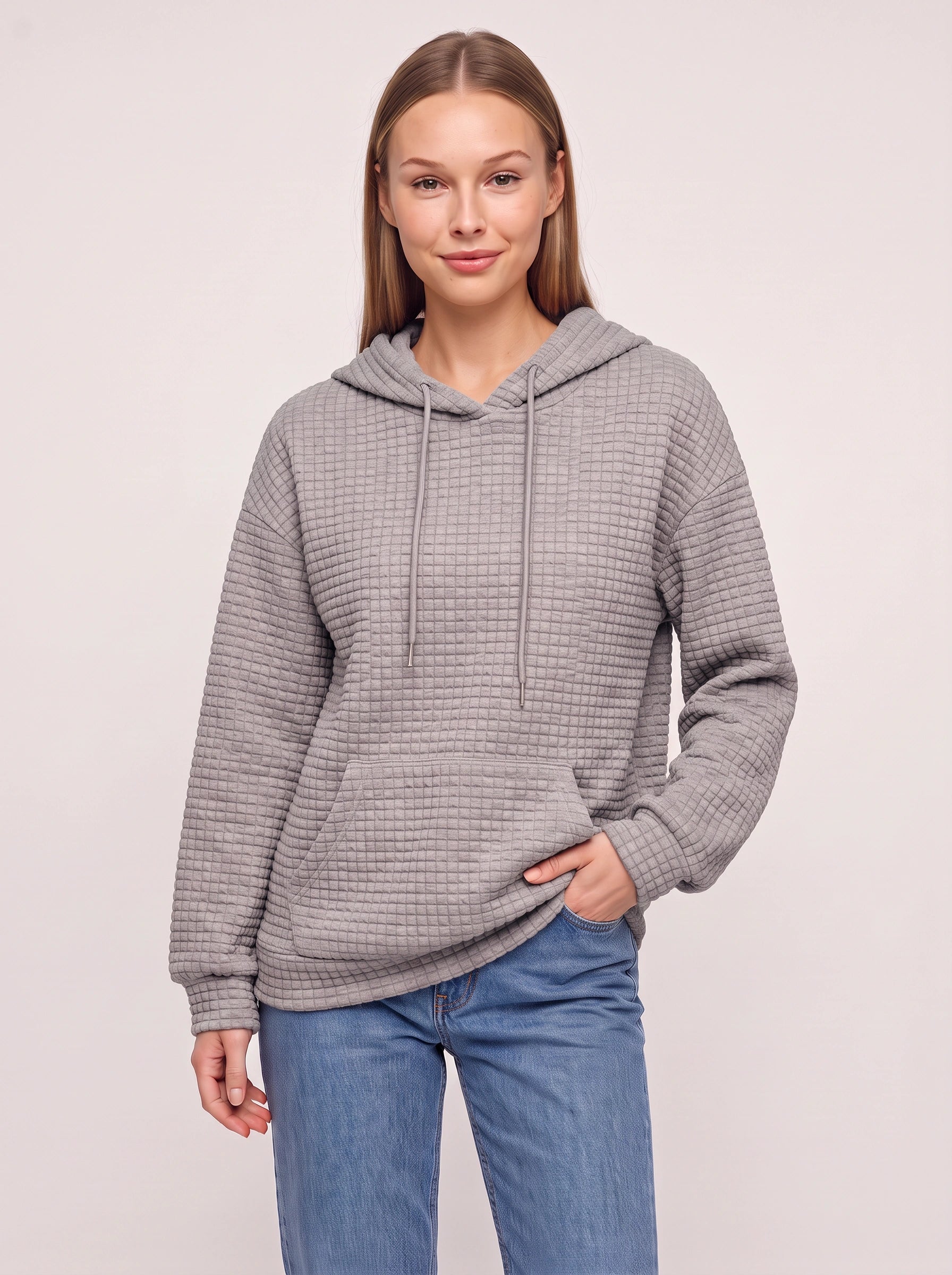 Sweat à capuche matelassé texturé Quadrette – Sweat confortable pour femme, style décontracté, détente, sportswear et streetwear