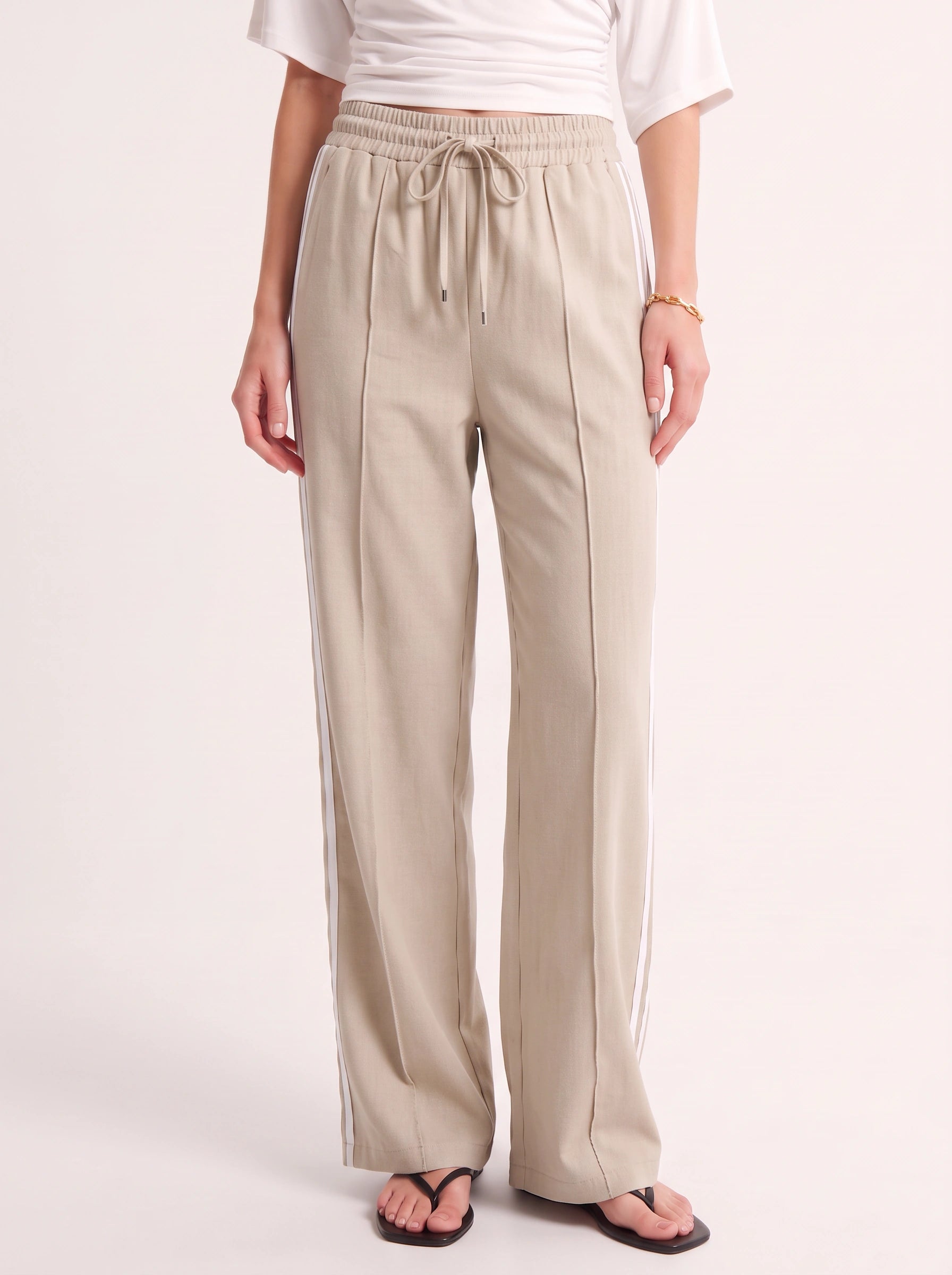 Striscia Side-Stripe Wide-Leg Track Pants – Women Palazzo Pants Casual Streetwear Sporty Drawstring