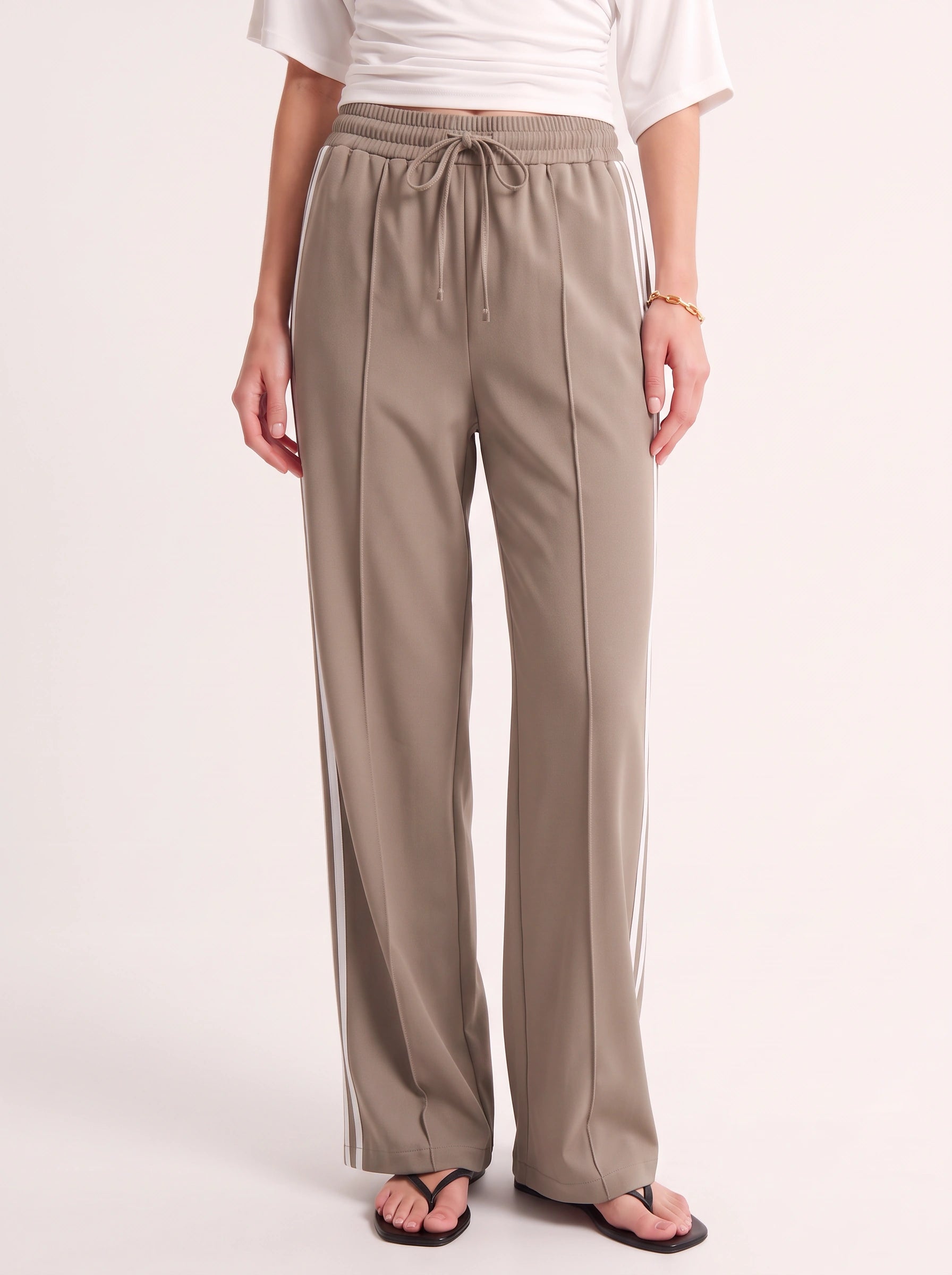 Striscia Side-Stripe Wide-Leg Track Pants – Women Palazzo Pants Casual Streetwear Sporty Drawstring