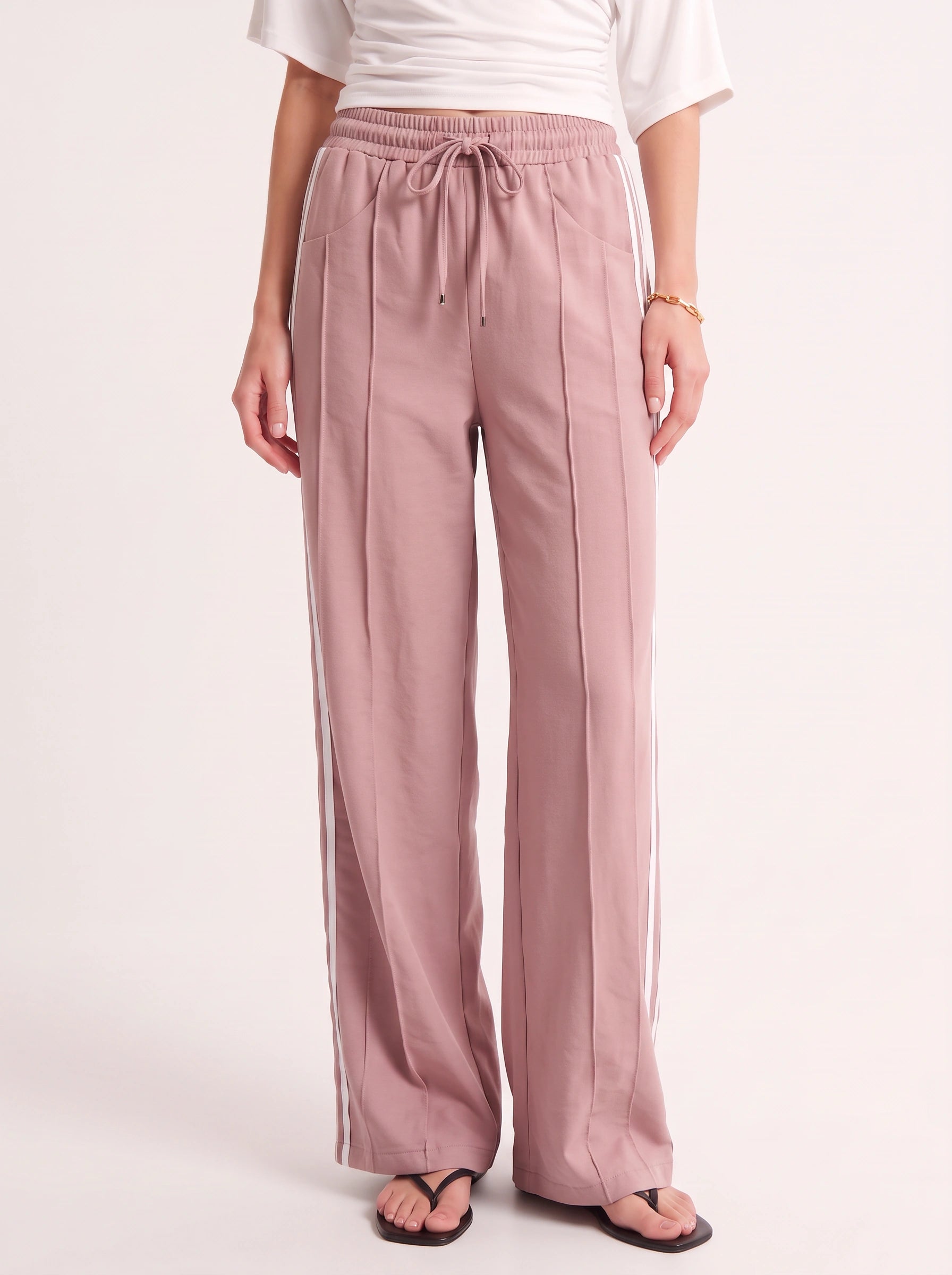 Striscia Side-Stripe Wide-Leg Track Pants – Women Palazzo Pants Casual Streetwear Sporty Drawstring