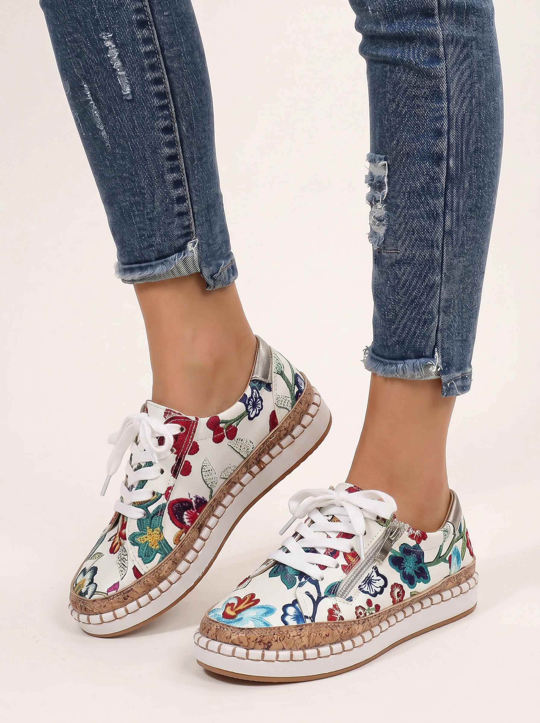 Floramille Embroidered Lace-Up Sneakers – Women Casual Sneaker Espadrille Platform Boho Floral Embroidered Sneakers