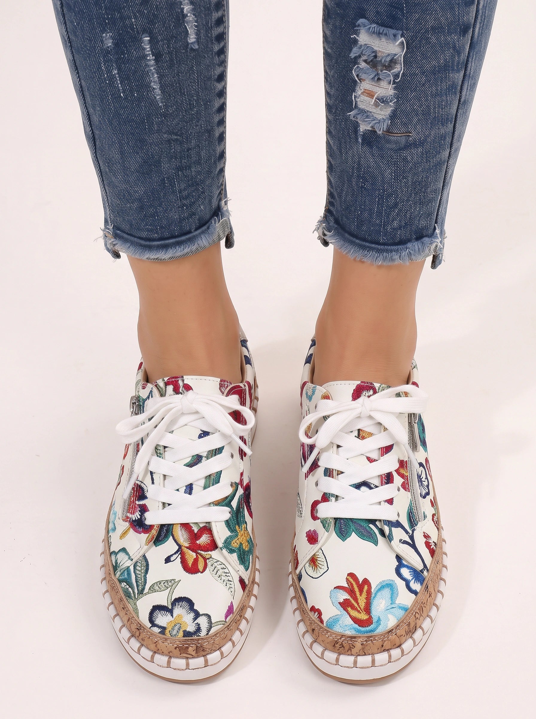 Floramille Embroidered Lace-Up Sneakers – Women Casual Sneaker Espadrille Platform Boho Floral Embroidered Sneakers