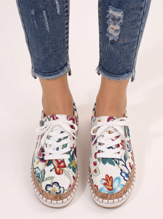 Floramille Embroidered Lace-Up Sneakers – Women Casual Sneaker Espadrille Platform Boho Floral Embroidered Sneakers