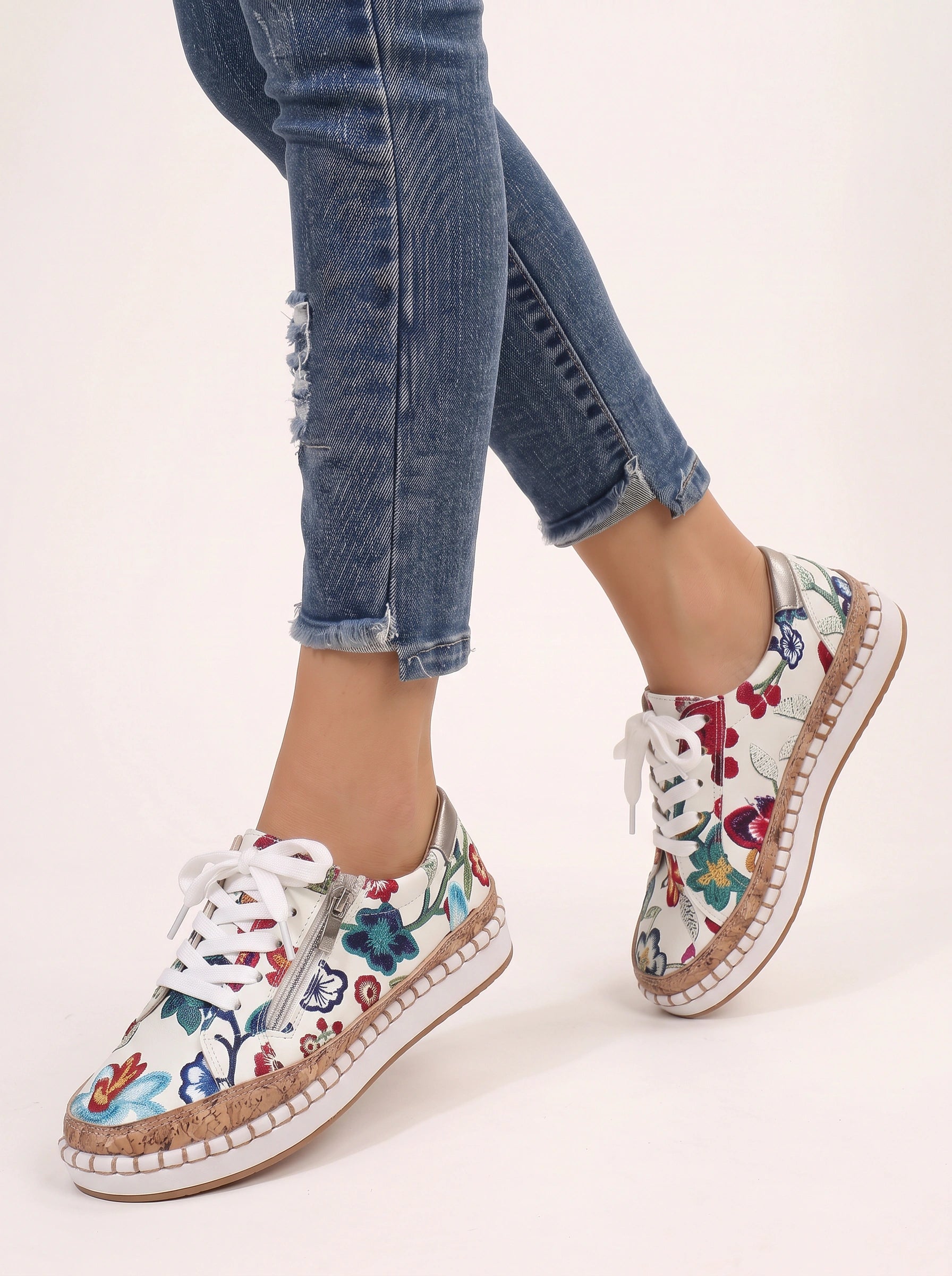 Floramille Embroidered Lace-Up Sneakers – Women Casual Sneaker Espadrille Platform Boho Floral Embroidered Sneakers
